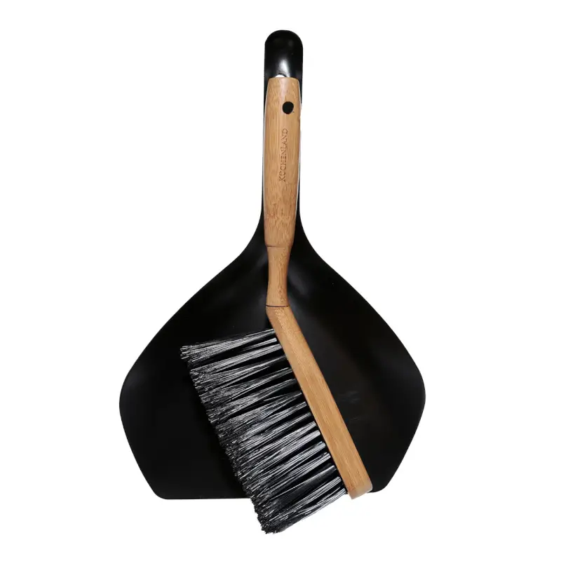 Щетка для мусора, с совком, 33 см, пластик/бамбук/сталь, черная, Black clean ,image-0