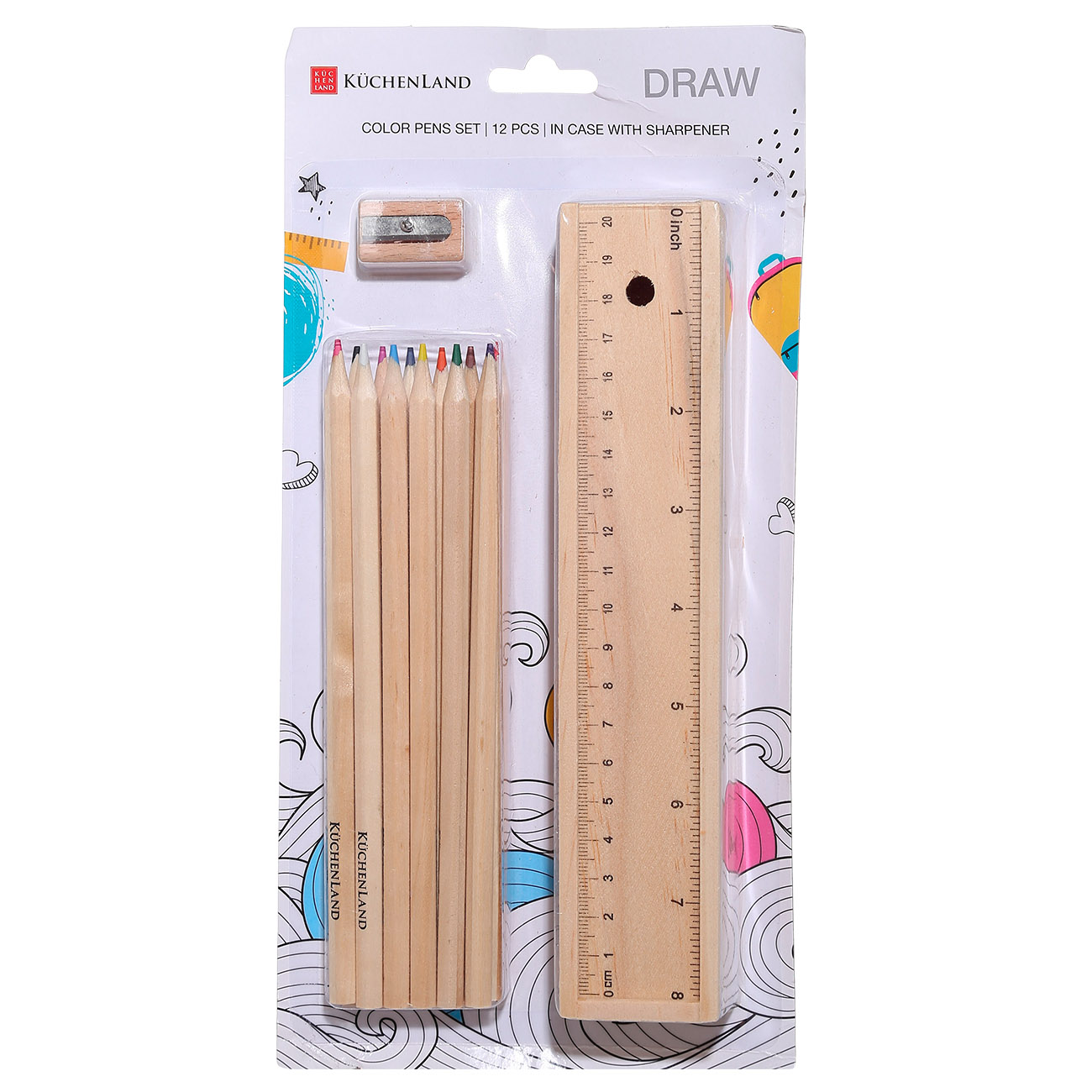 

Набор карандашей, 12 шт, в пенале с точилкой/линейкой, дерево, Draw