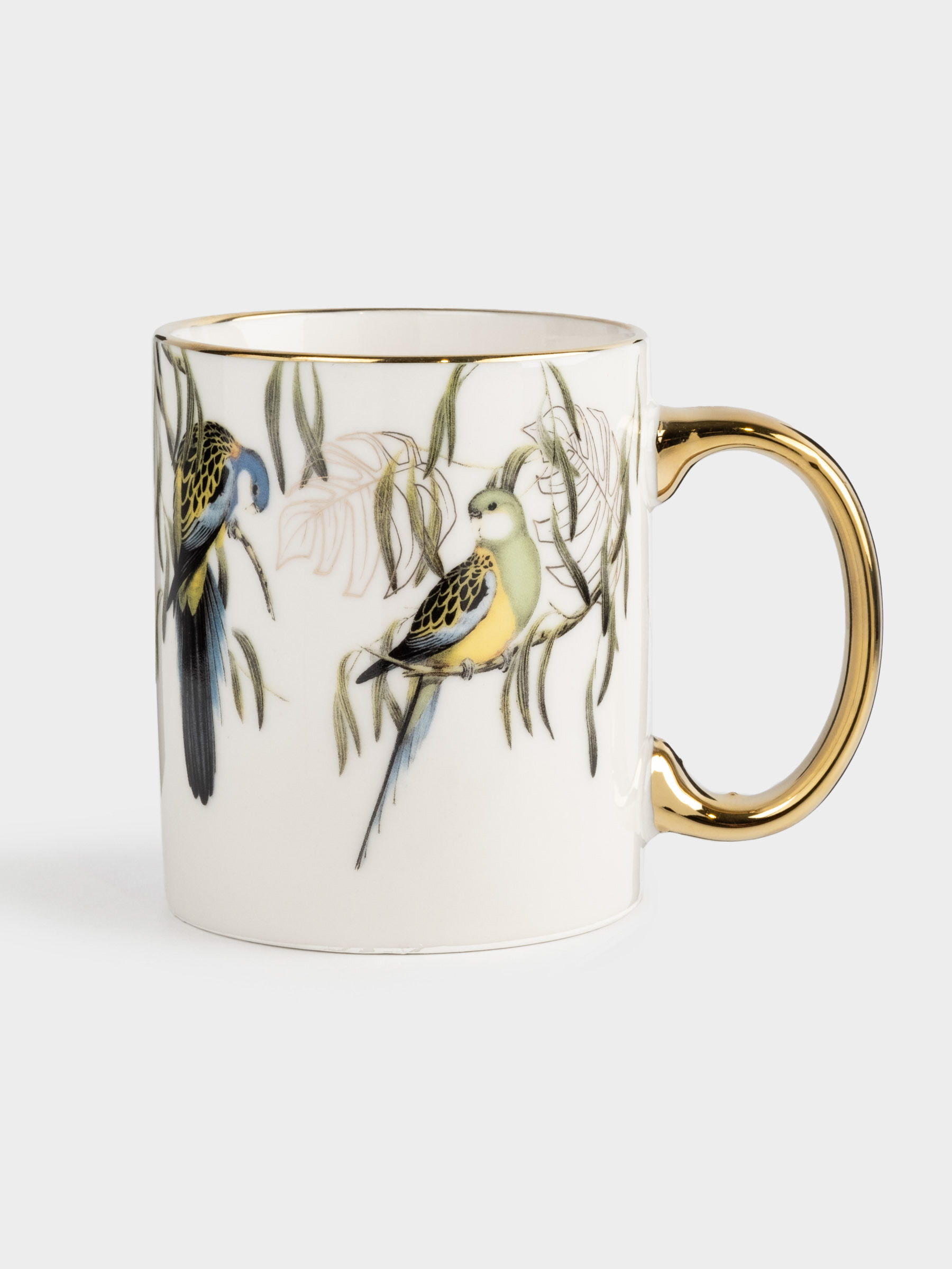 Кружка, 350 мл, фарфор N, бело-золотистая, Попугаи на ветках, Glorious bird, image-0