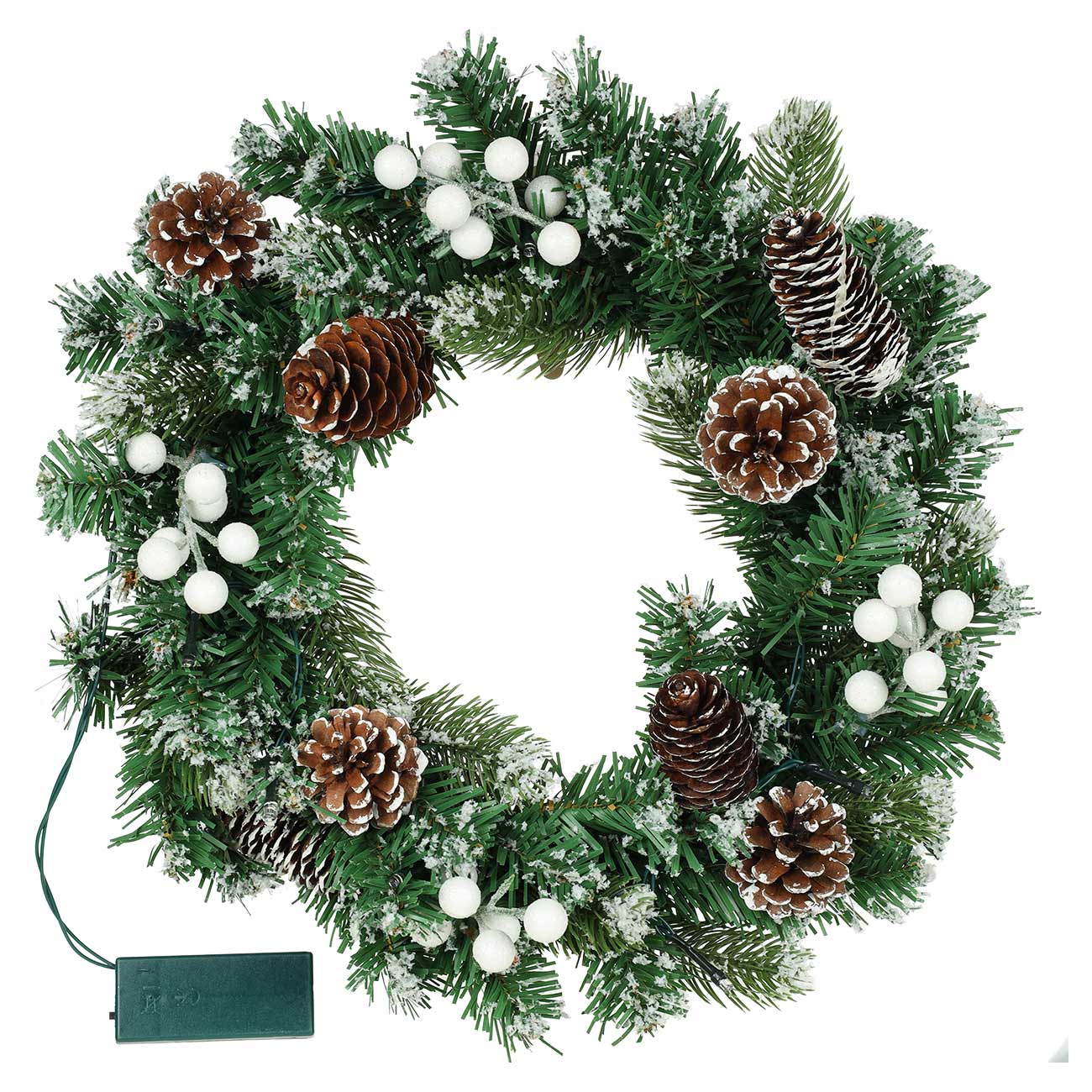 

Венок декоративный, 35 см, с подсветкой, ПВХ, Шишки и белые ягоды, Light decor