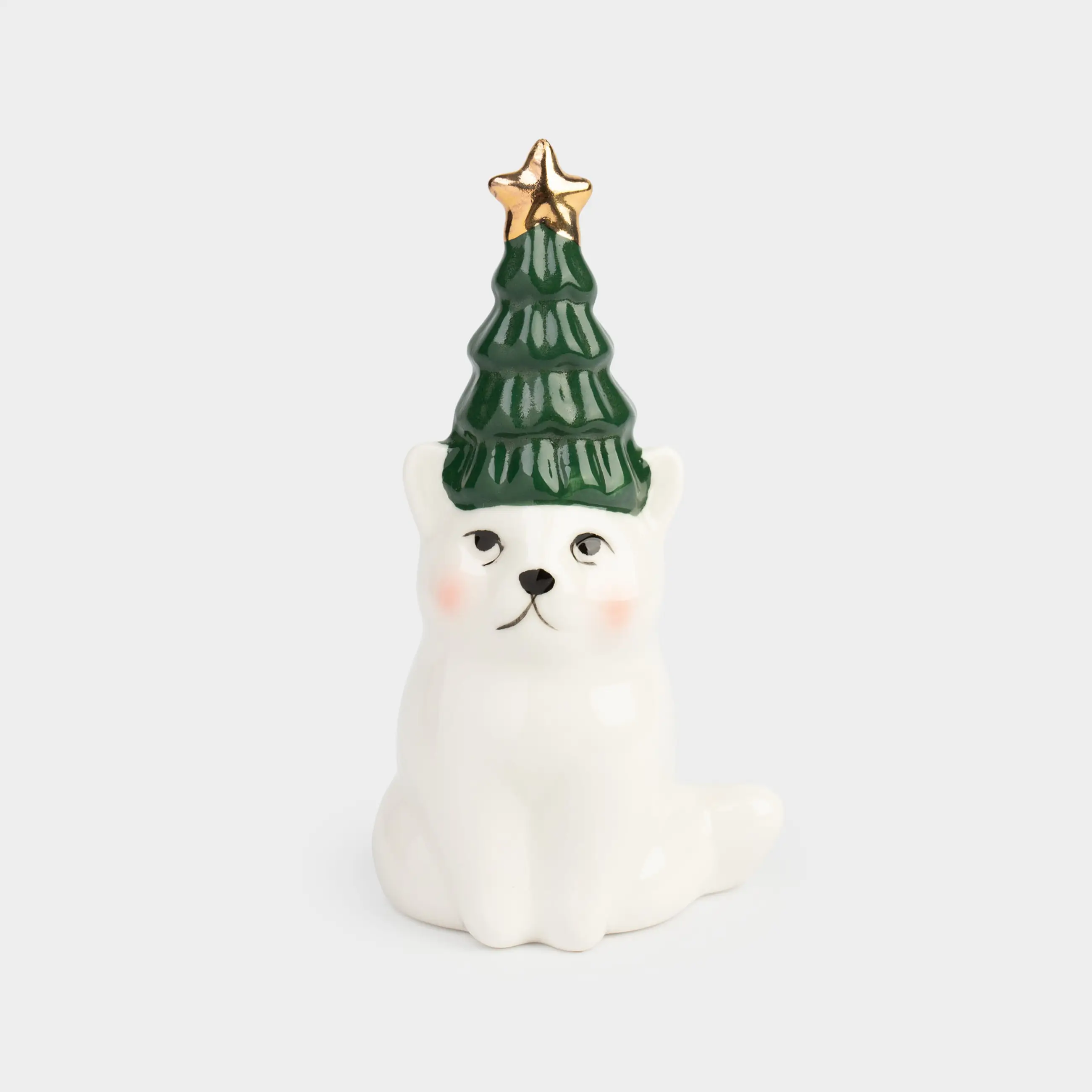 Статуэтка, 13 см, фарфор P, бело-зеленая, Кот с елкой, Christmas cat