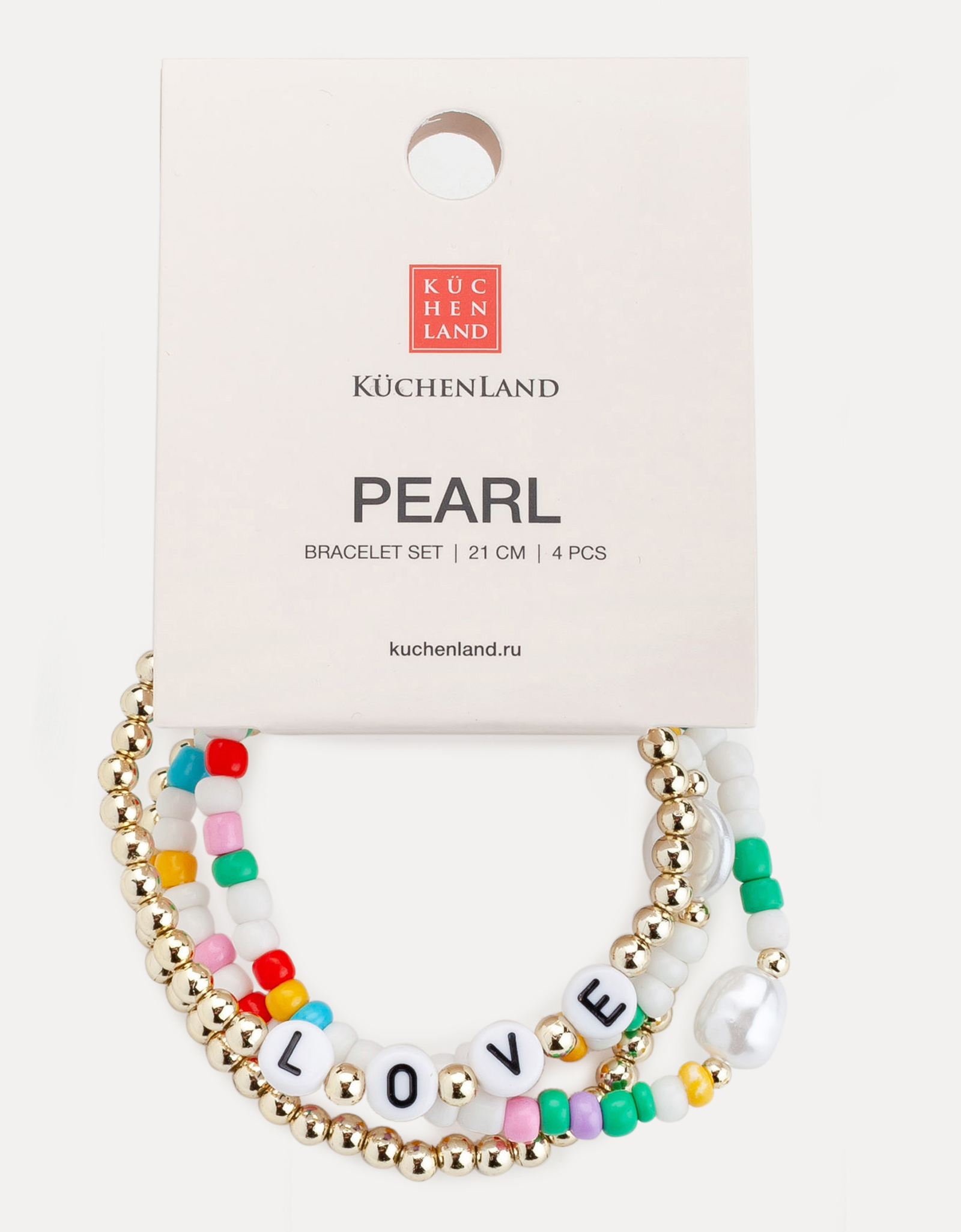 Набор браслетов, 6 см, 4 шт, пластик/стекло, золотистый/цветной, Love, Pearl color