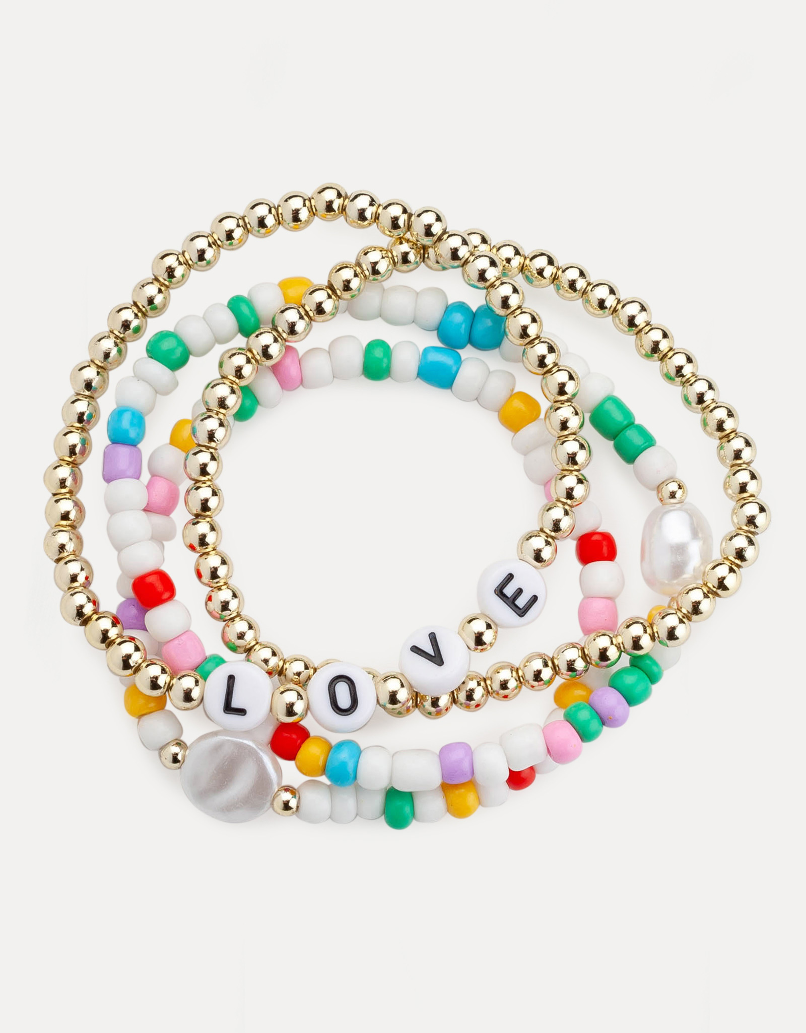 Набор браслетов, 6 см, 4 шт, пластик/стекло, золотистый/цветной, Love, Pearl color