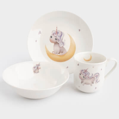 Набор посуды, детский, 1 перс, 3 пр, фарфор N, белый, Единорог и месяц, Unicorn ,image-0