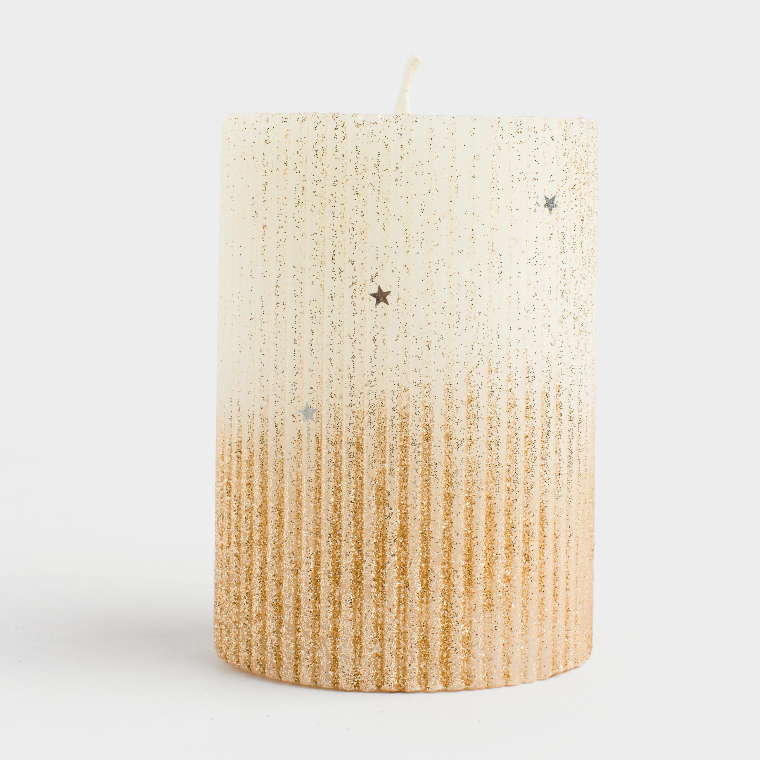 Свеча, 10 см, цилиндрическая, с блестками, молочно-золотистая, Ribbed candle, image-3