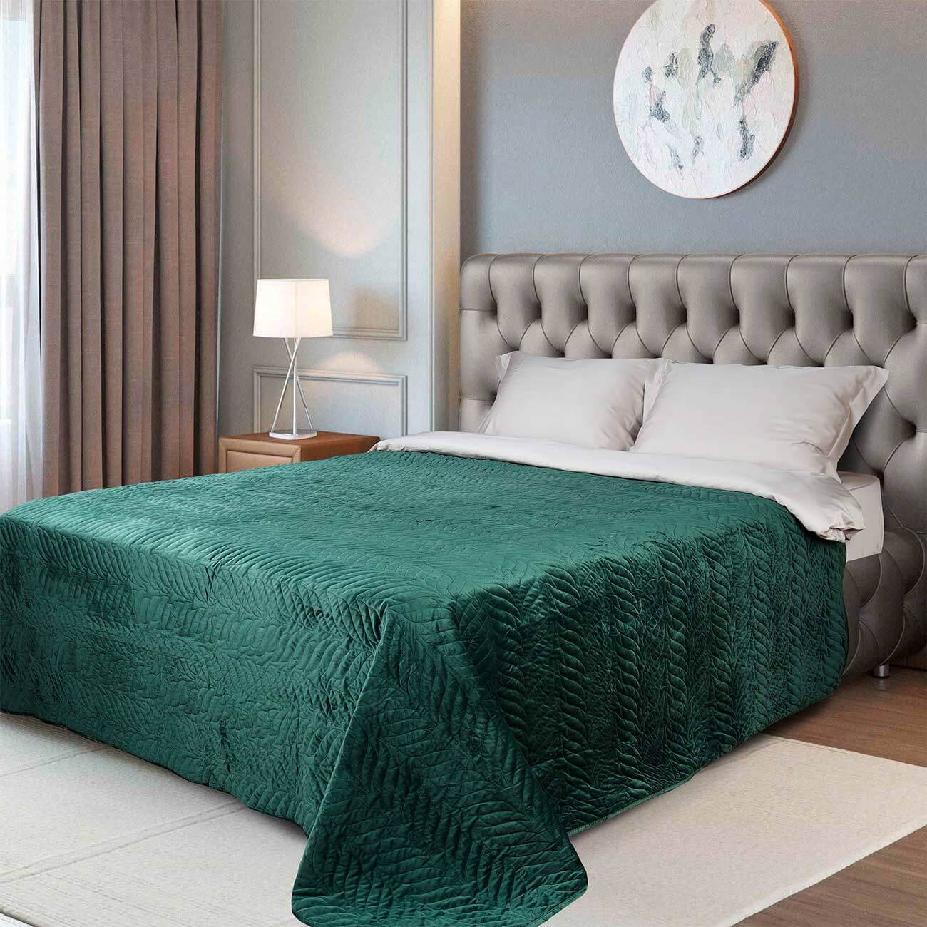 

Покрывало, 220х240 см, стеганое, вельвет/микрофибра, зеленое, Листья, Stitch velvet