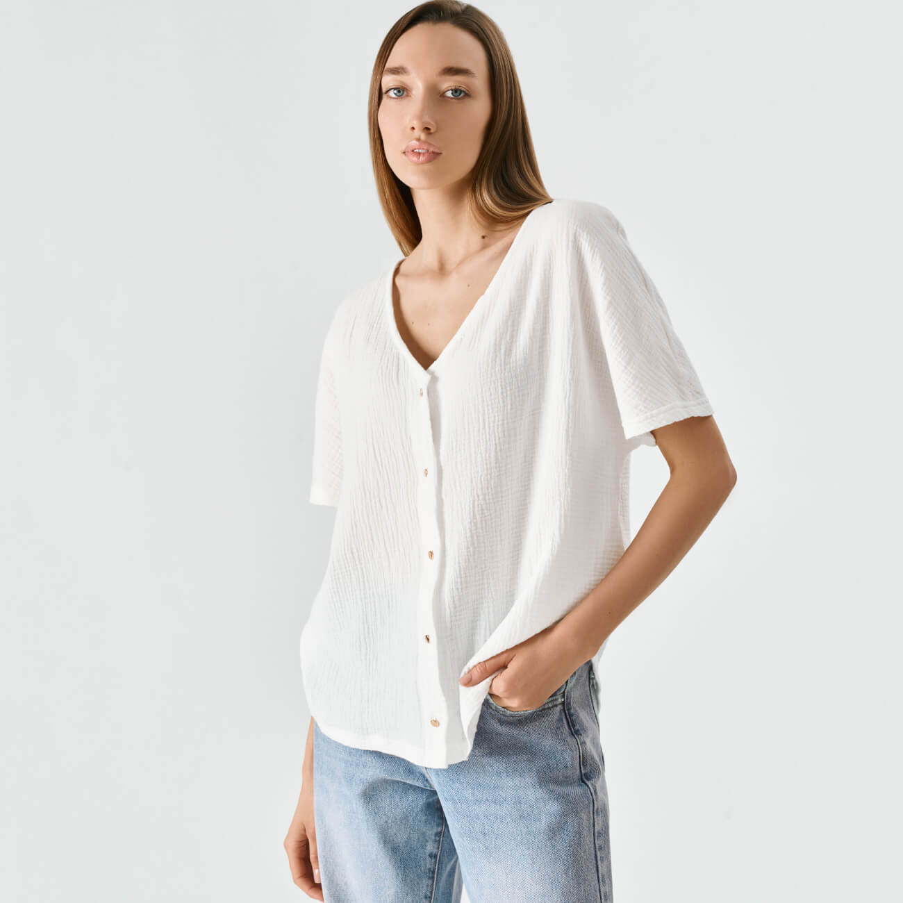 Рубашка женская, р. XL, с коротким рукавом, муслин, белая, Allison