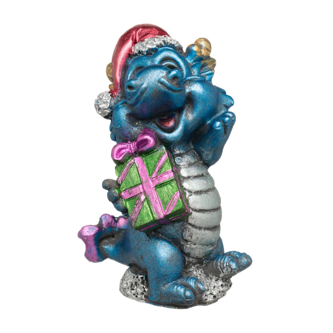 

Статуэтка, 7 см, полирезин, синяя радужная, Дракон в шапке с подарком, Dragon blu