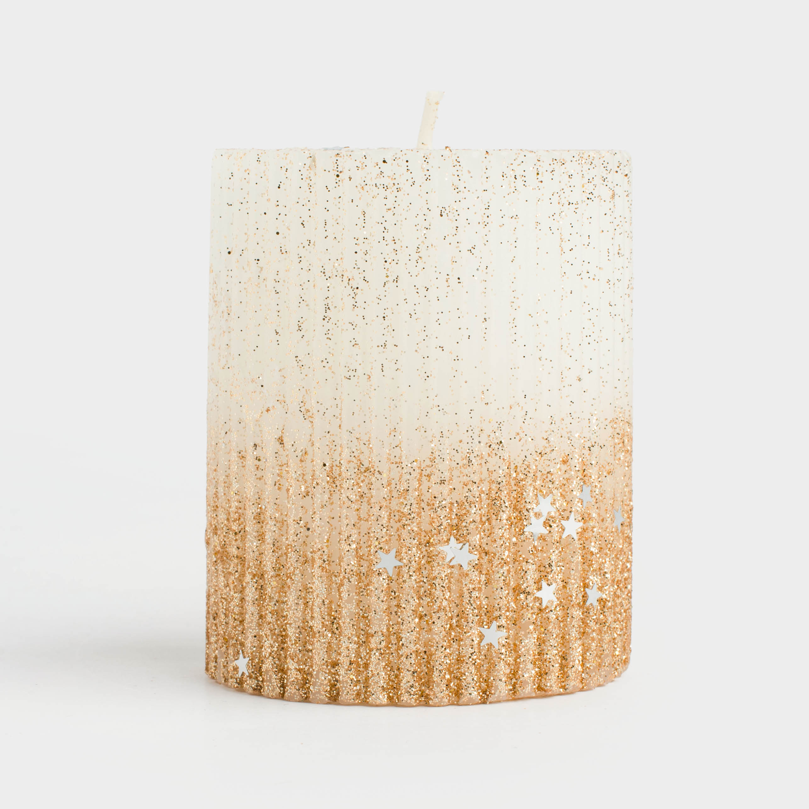 Свеча, 8 см, цилиндрическая, с блестками, молочно-золотистая, Ribbed candle, image-3