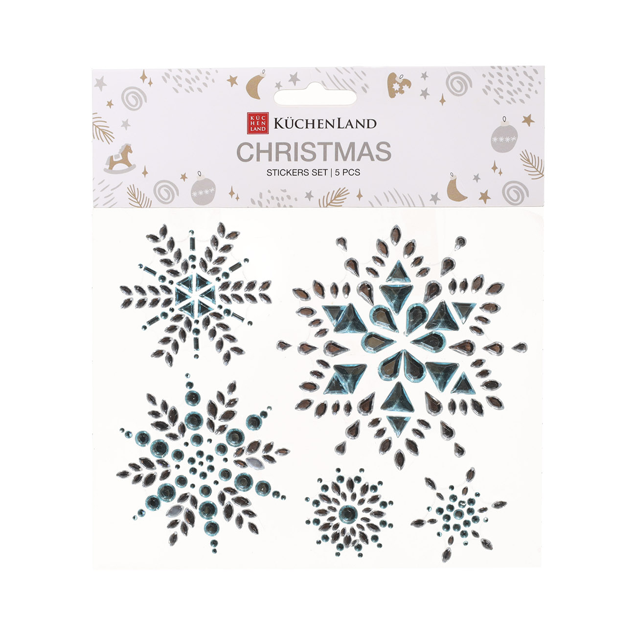 

Набор наклеек, 16х13 см, 5 шт, одноразовые, акрил, Снежинки из страз, Christmas