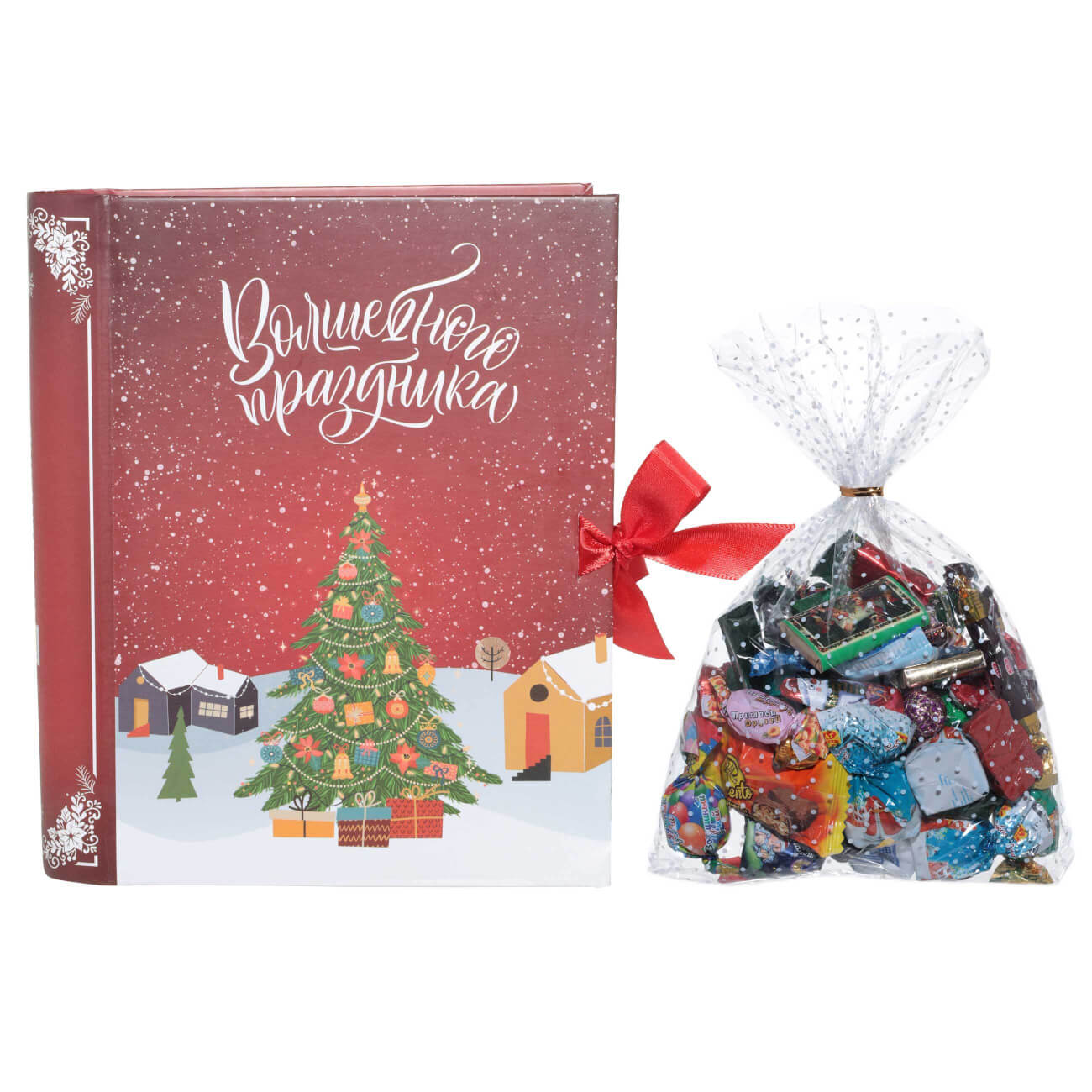 Коробка с конфетами, 18х22 см, 306 гр, красная, Ассорти, Книга, Christmas