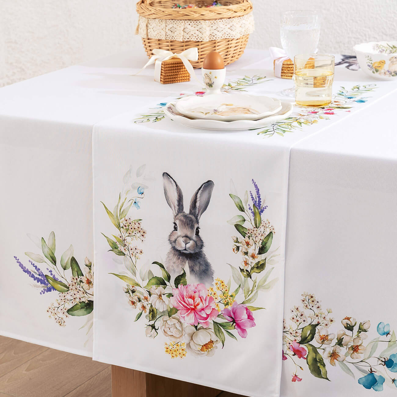 Дорожка настольная, 40x160 см, полиэстер, белая, Кролик в цветах, Easter дорожка