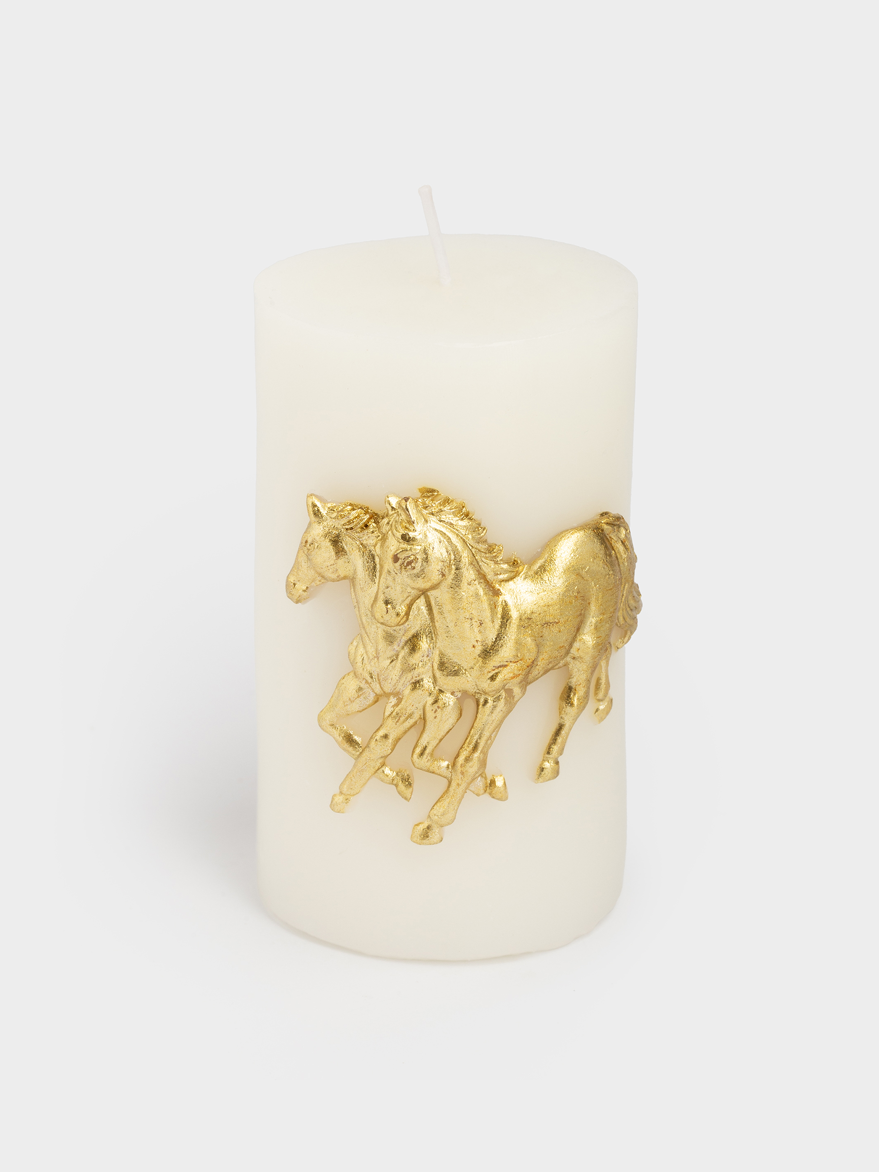 Свеча, 6х10 см, цилиндрическая, молочная, Золотистые лошади, Horse gold, image-0