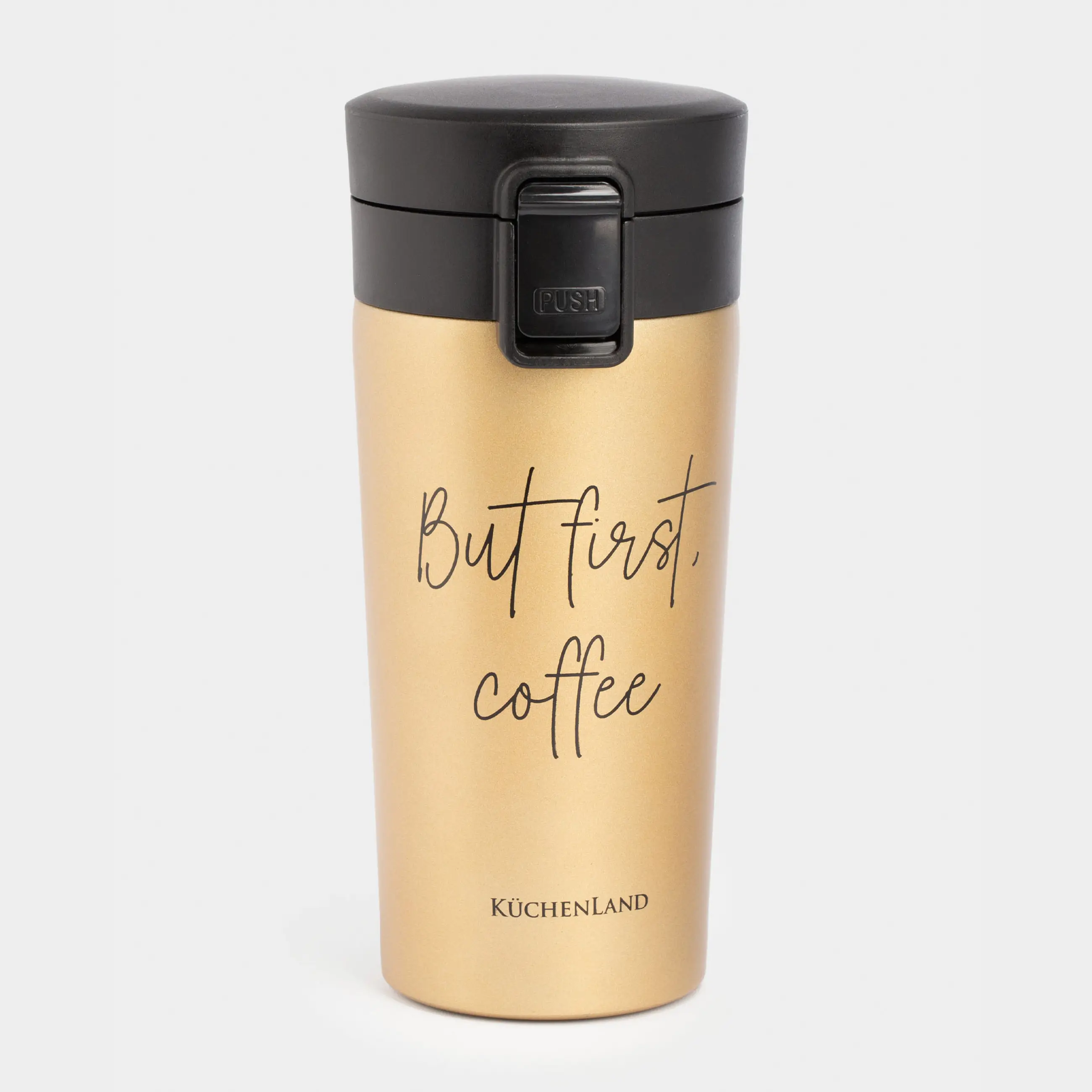 Термокружка, 380 мл, сталь/пластик, золотистая, матовая, But first, cofee, Voyage