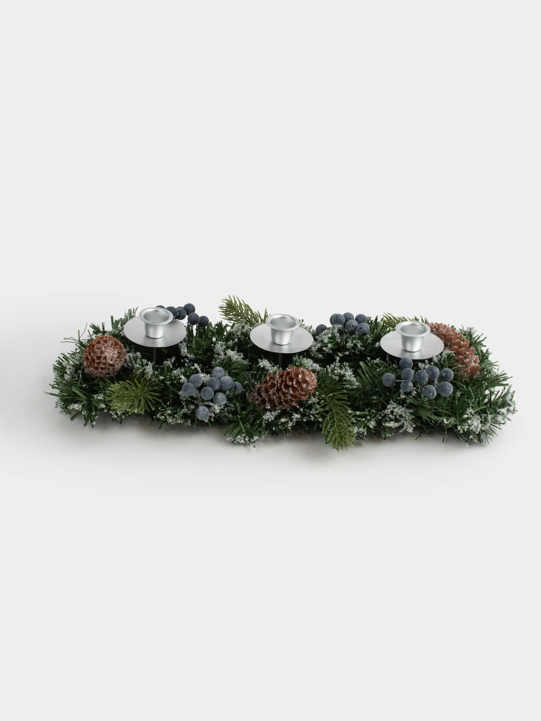 Подсвечник, 40 см, 3 тонкие свечи, ПВХ/металл, Синие ягоды и шишки, Snowy blue berry