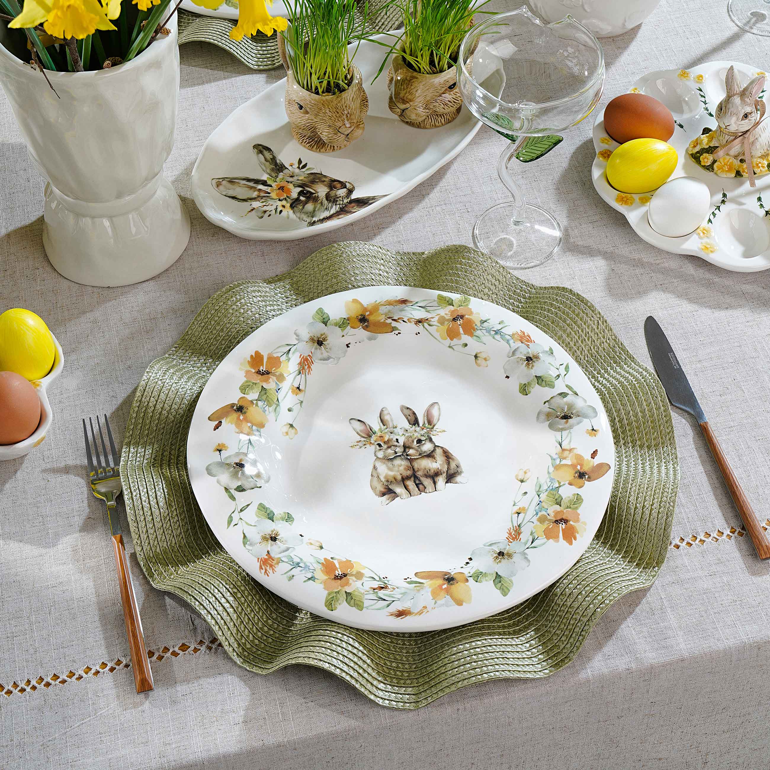 Тарелка обеденная, 28 см, керамика, белая, Кролики в венках, Natural Easter, image-8