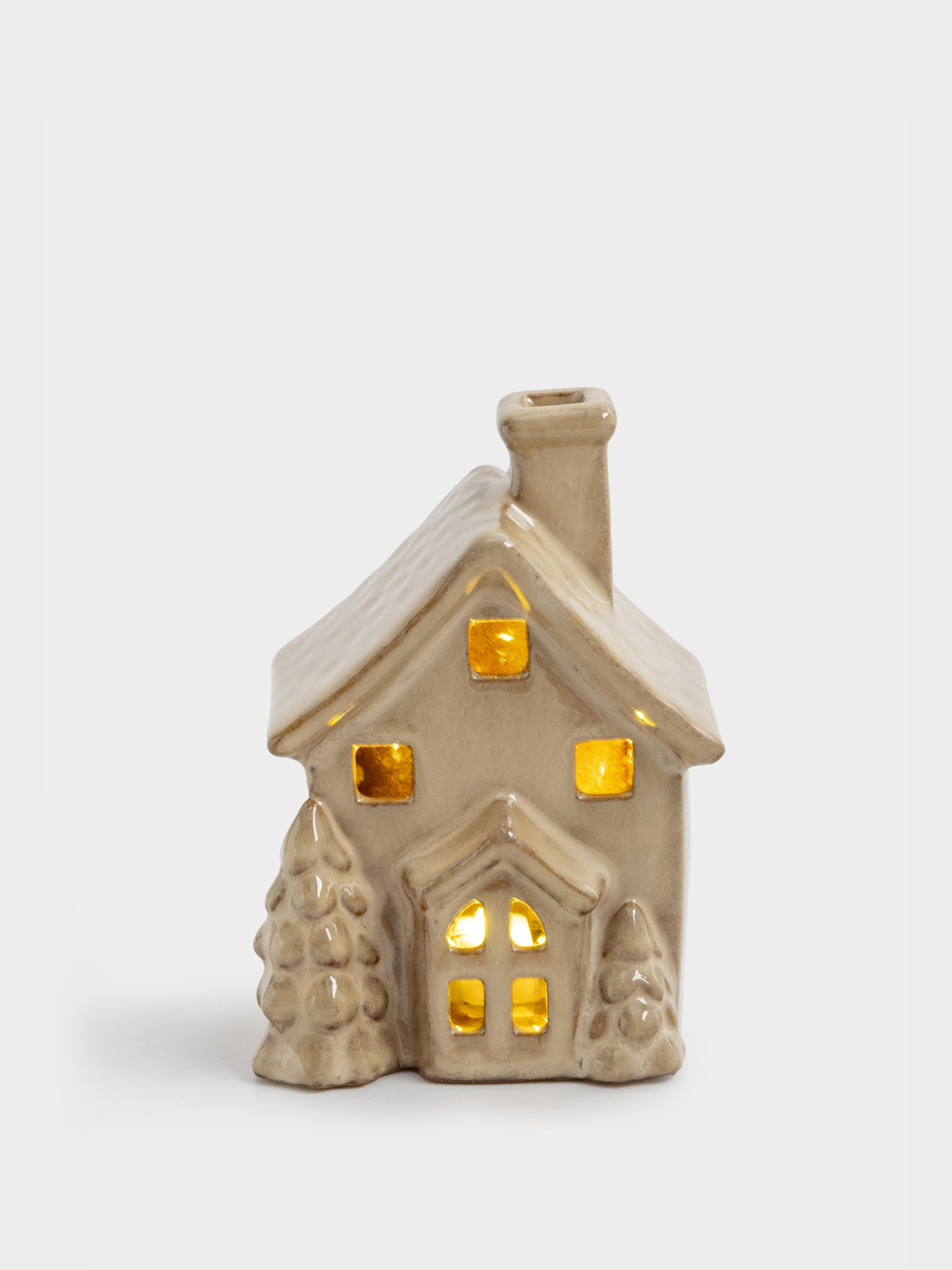 Статуэтка с подсветкой, 13 см, фарфор P, молочно-коричневая, Дом с елками, House shape, image-0
