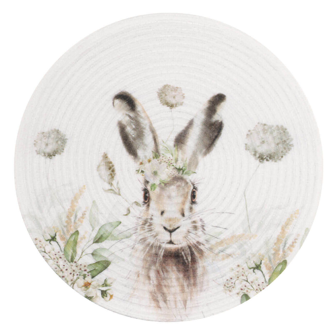 Салфетка под приборы, 38 см, полиэстер, круглая, Пасхальный кролик в цветах, Chenill print изображение № 1