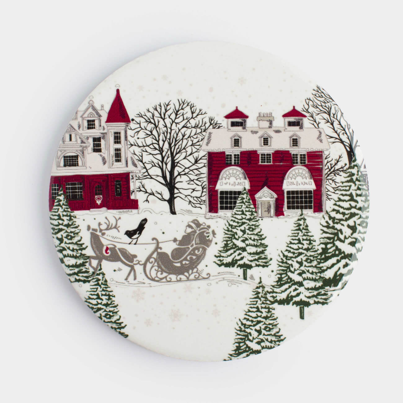 Подставка под кружку 11 см круглая керамикапробка белая Дома и сани Christmas house 193₽