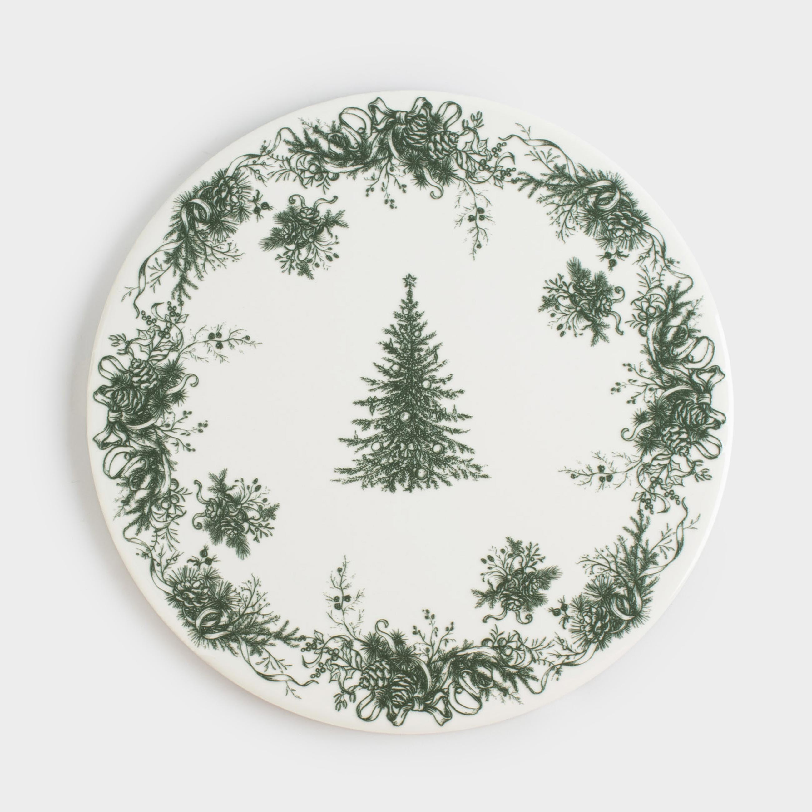 Подставка под горячее 20 см керамикапробка круглая бело-зеленая Елка Winter lace 699₽