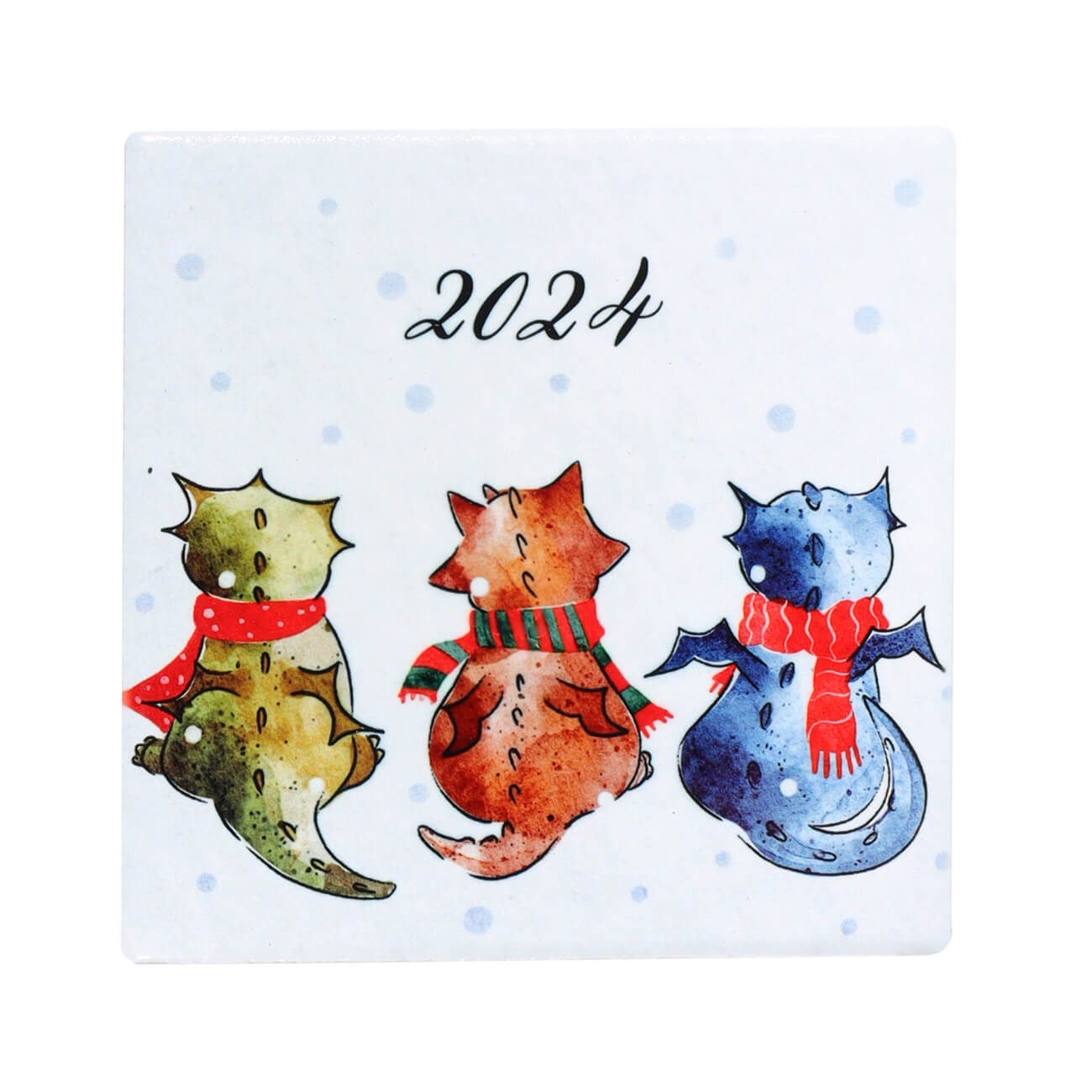 Подставка под кружку, 11х11 см, керамика/пробка, квадратная, Драконы в шарфах, Dragon cute изображение № 1