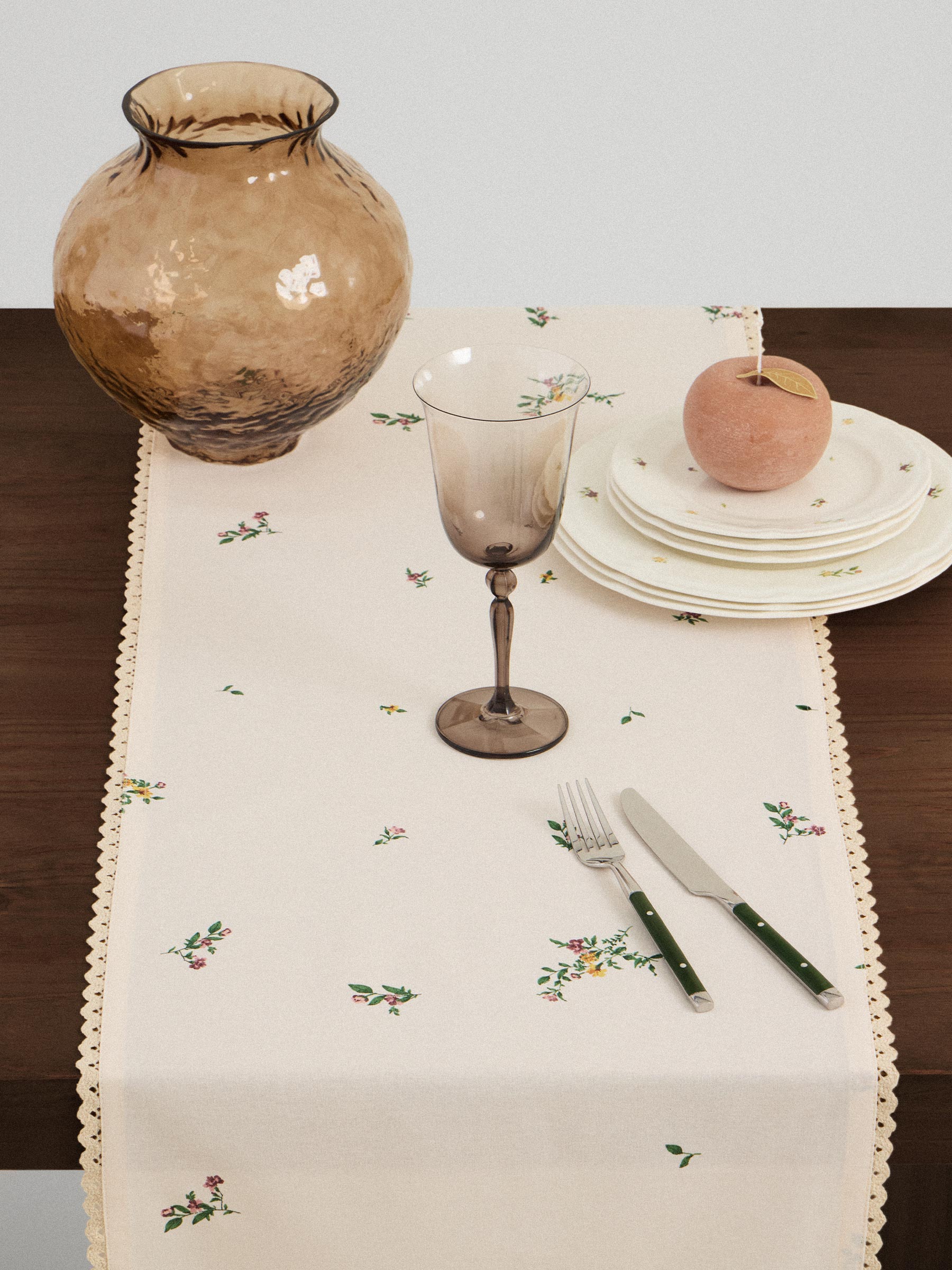 Дорожка настольная, 40х160 см, с кружевом, хлопок, бежевая, Цветы, El flower, image-4