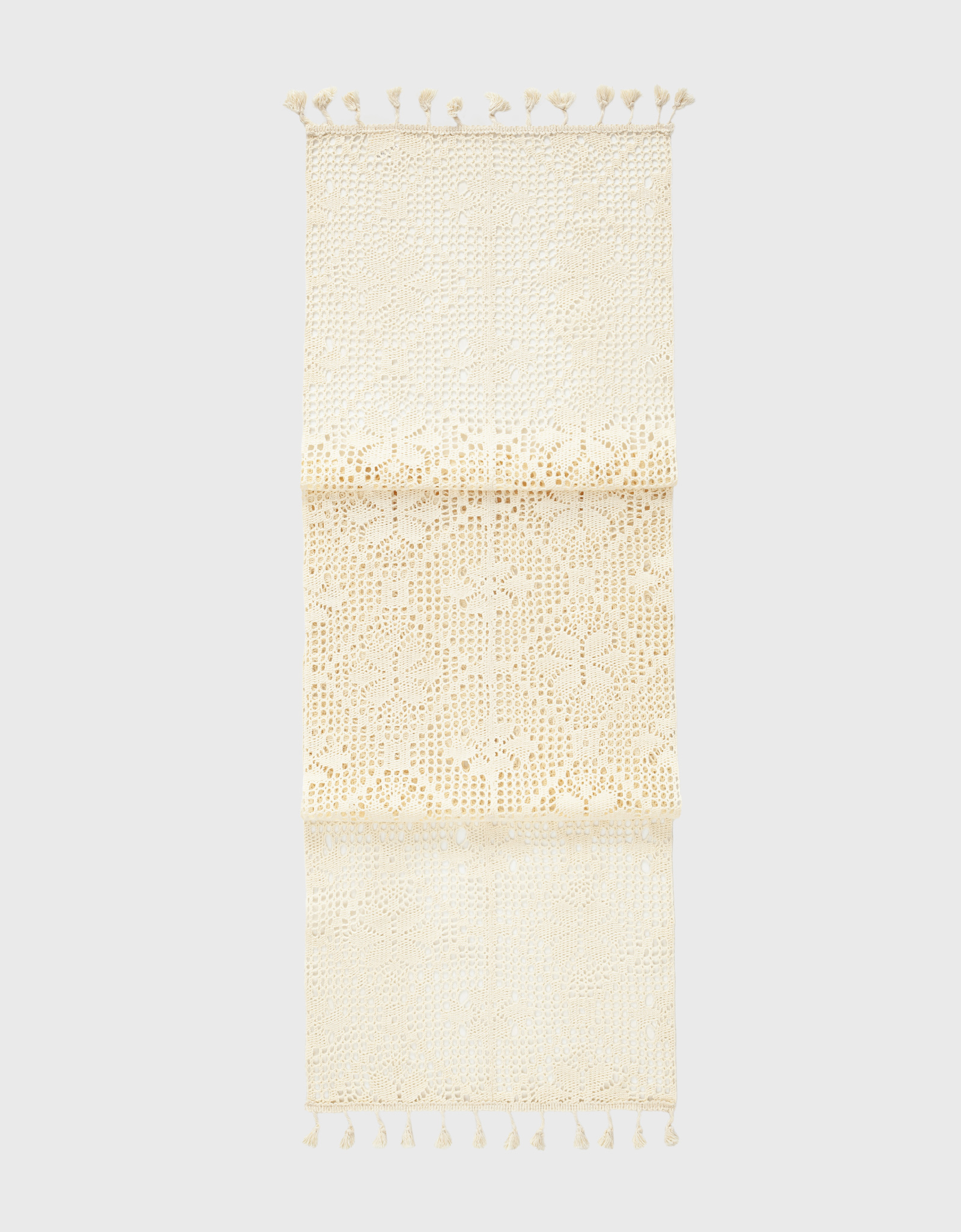 Дорожка настольная, 33x160 см, с кисточками, полиэстер/хлопок, бежевая, Ажурные цветы, Flower lace