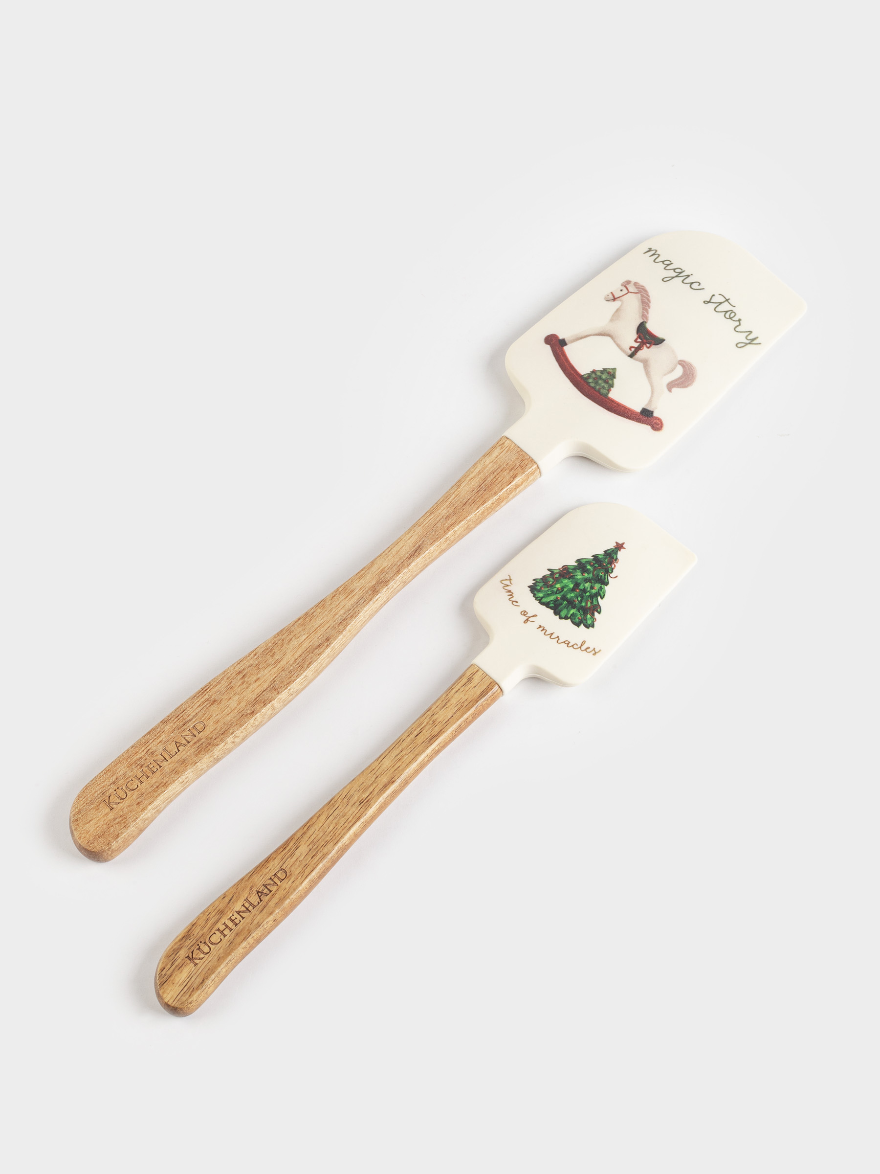 Лопатка-шпатель, 2 шт, силикон/дерево, молочная, Лошадка и елка, Сhristmas green, image-1