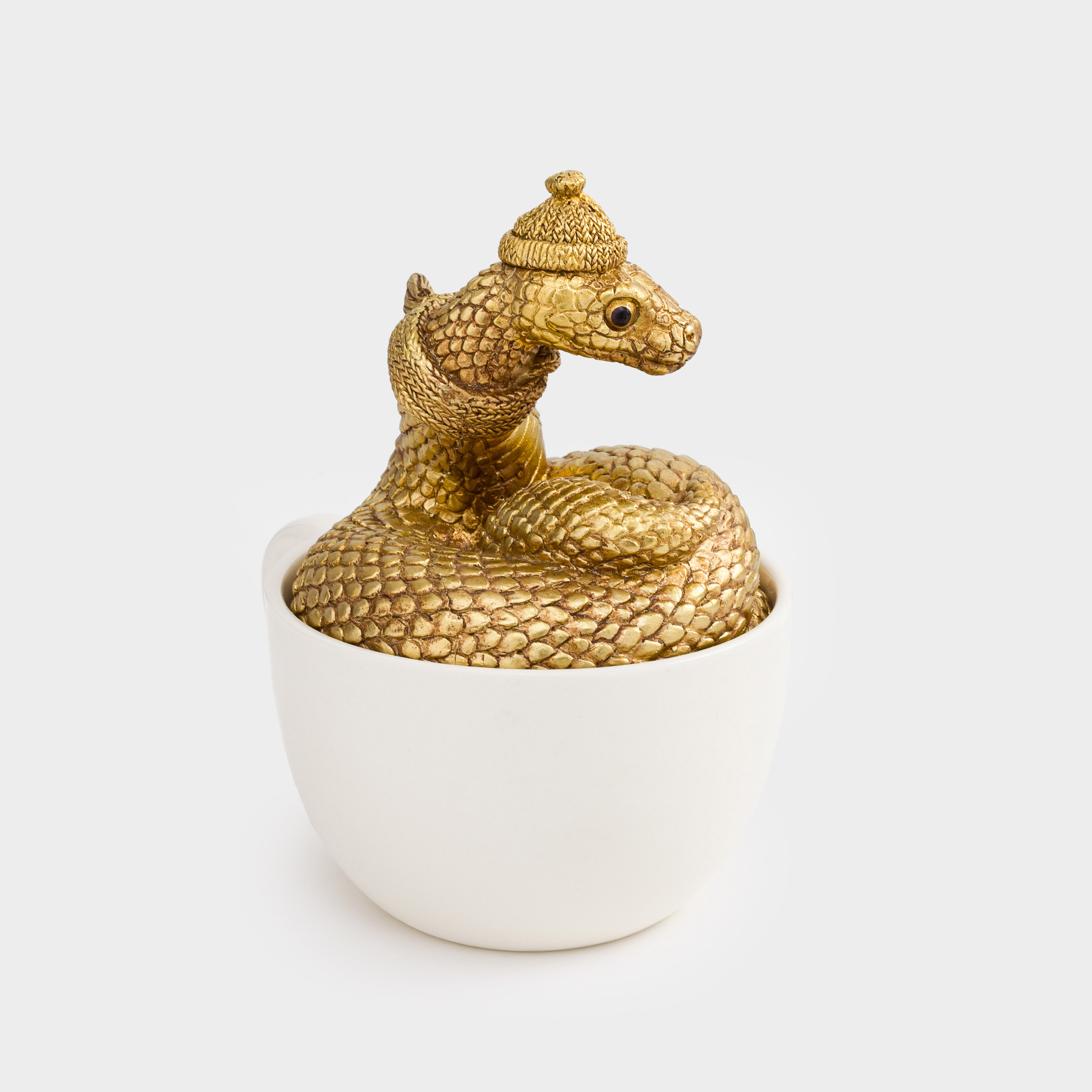 Статуэтка, 14 см, полирезин/керамика, золотисто-белая, Змея в кружке, Snake gold, image-3