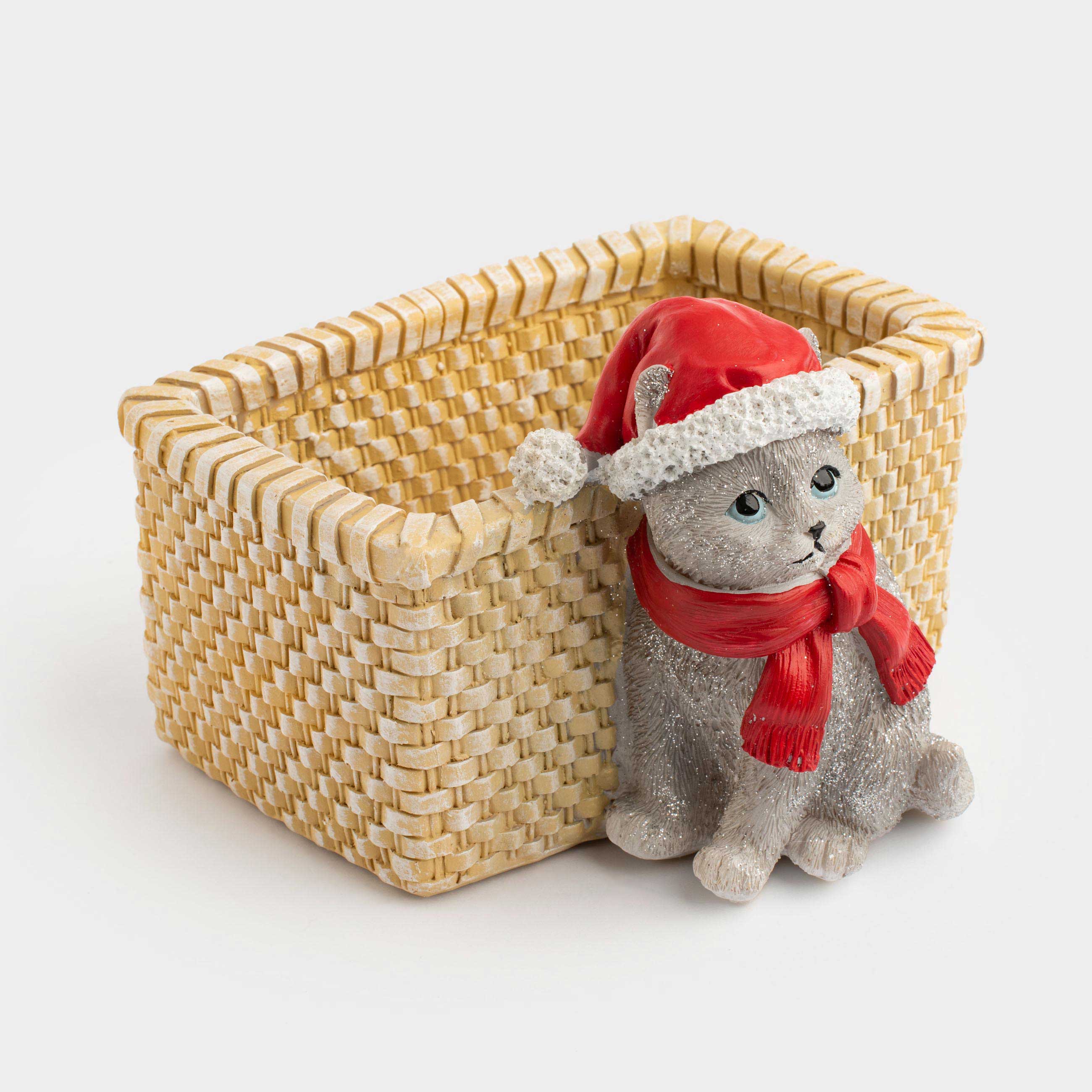 Конфетница, 18х13 см, полирезин, бежевая, Кот с корзиной, Christmas cat, image-2