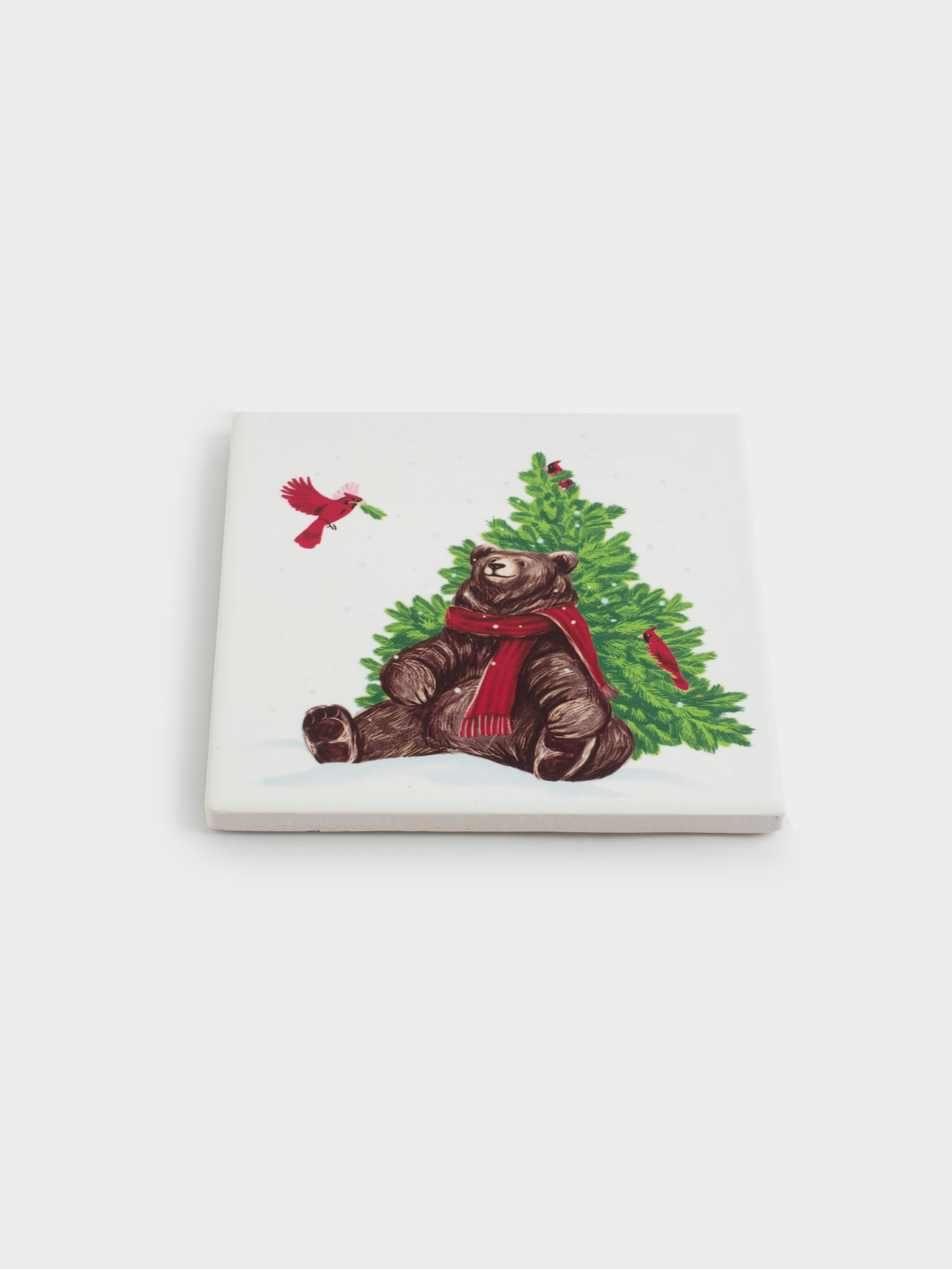 Подставка под кружку, 11х11 см, квадратная, керамика/пробка, Мишка под елкой, Christmas bear, image-1