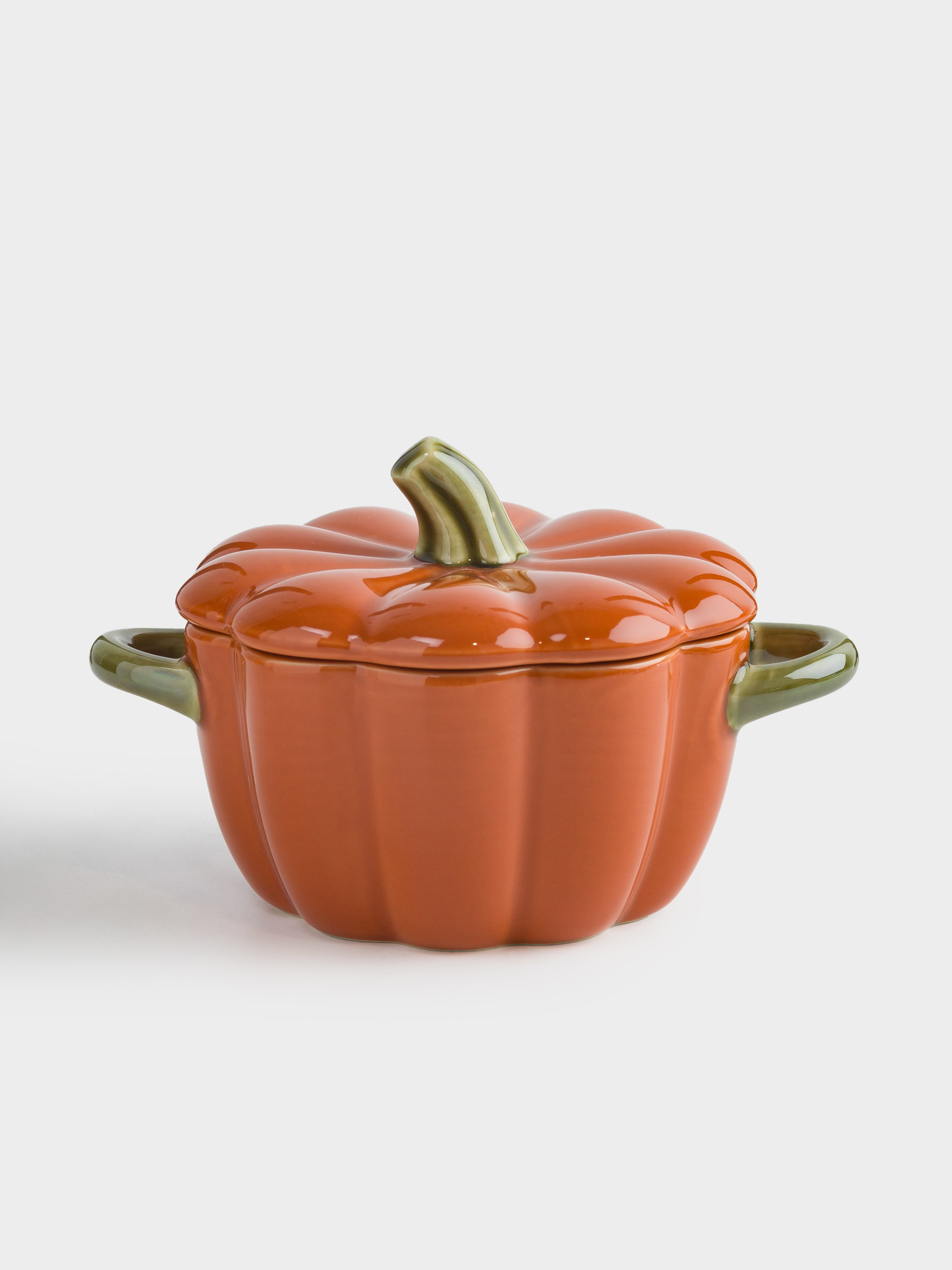 Кокотница, 11 см, 340 мл, с крышкой, керамика, оранжево-зеленая, Тыква, Gourd, image-0