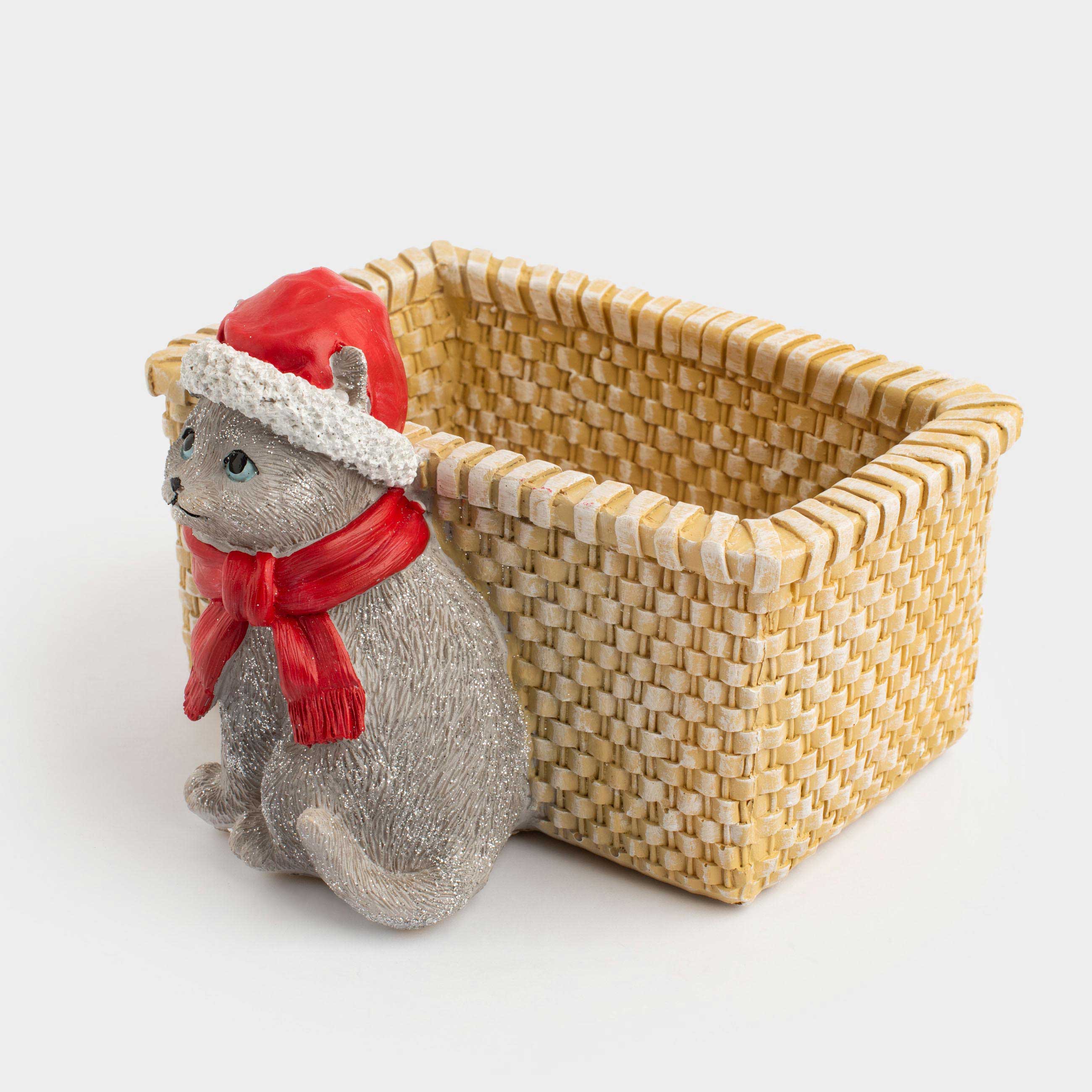 Конфетница, 18х13 см, полирезин, бежевая, Кот с корзиной, Christmas cat, image-1