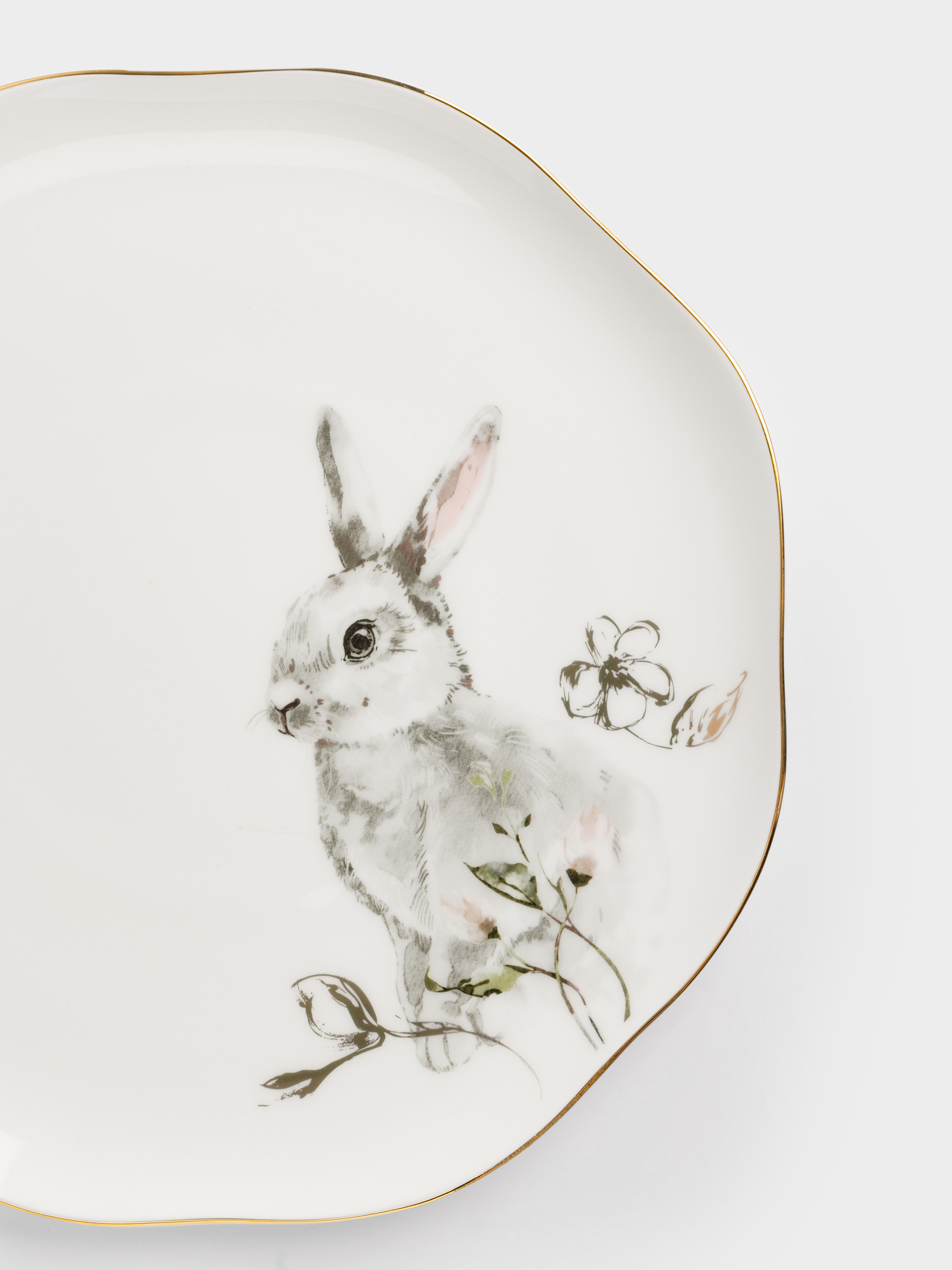 Тарелка обеденная, 28 см, с золотистым кантом, Кролик в цветах, Easter, image-1