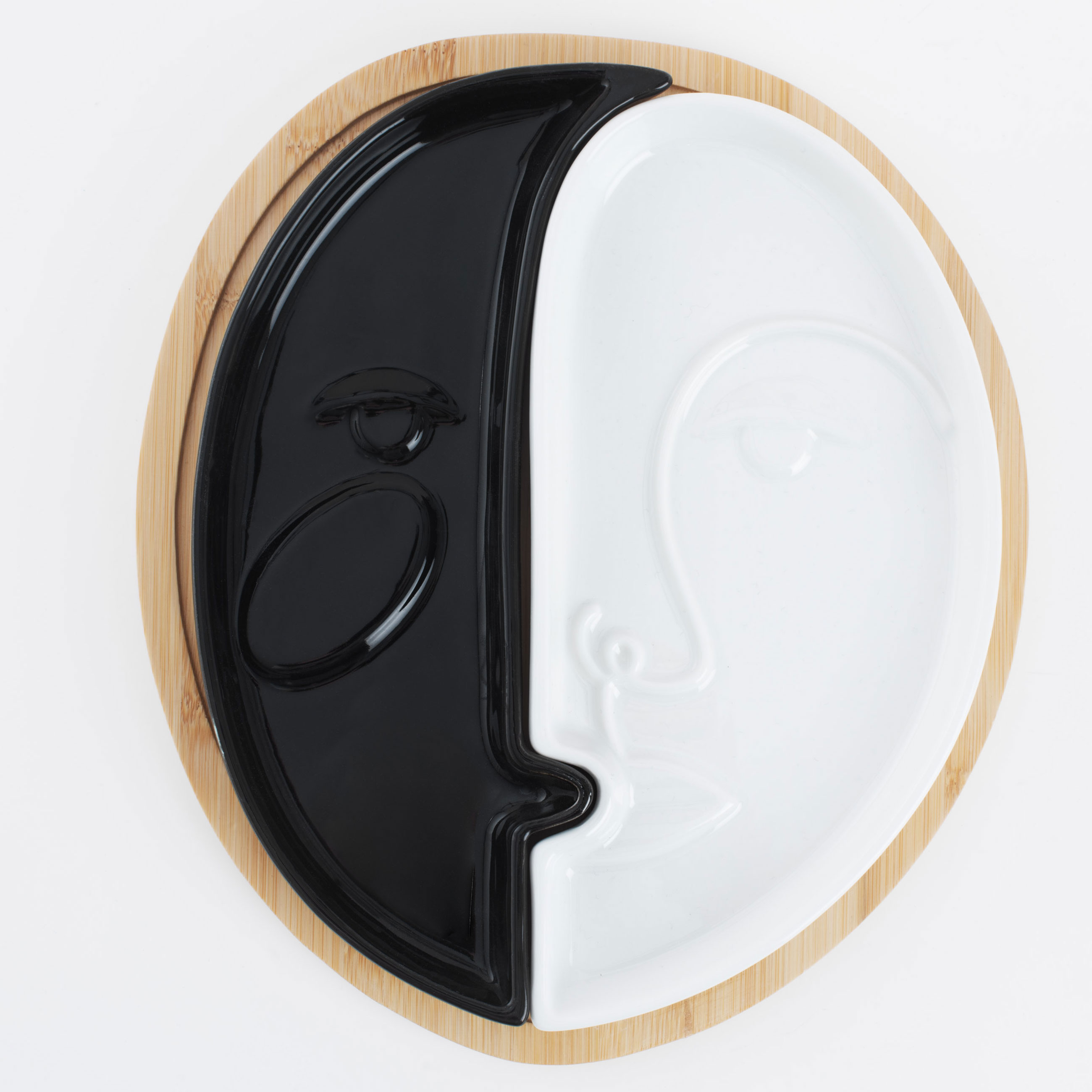 Менажница, 28х20 см, 2 отд, разборная, на подставке, фарфор P/бамбук, бело-черная, Лица, Face изображение № 3