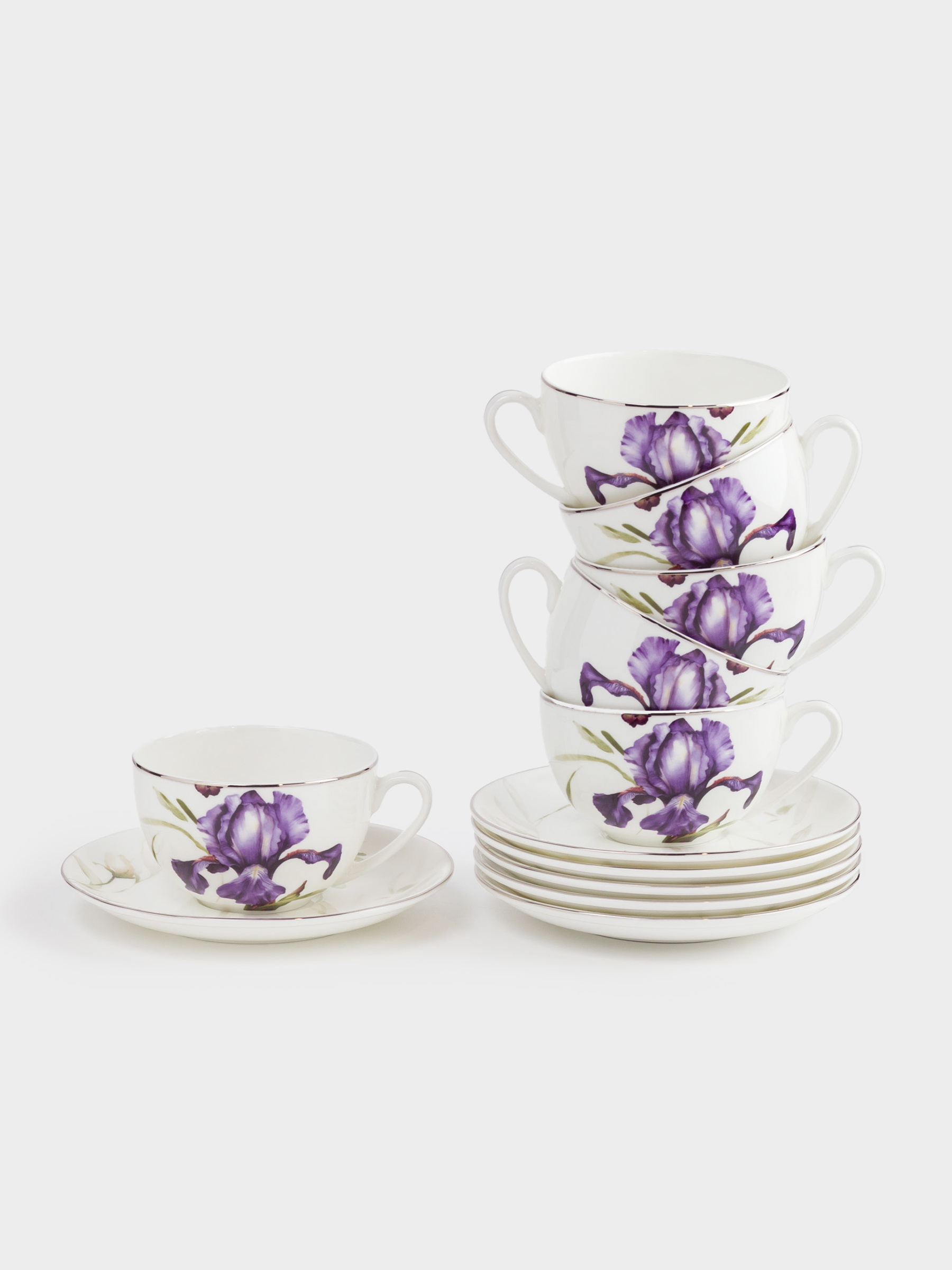 Пара чайная, 6 перс, 12 пр, 300 мл, фарфор F, с серебристым кантом, Ирис, Antarctica Flowers, image-0