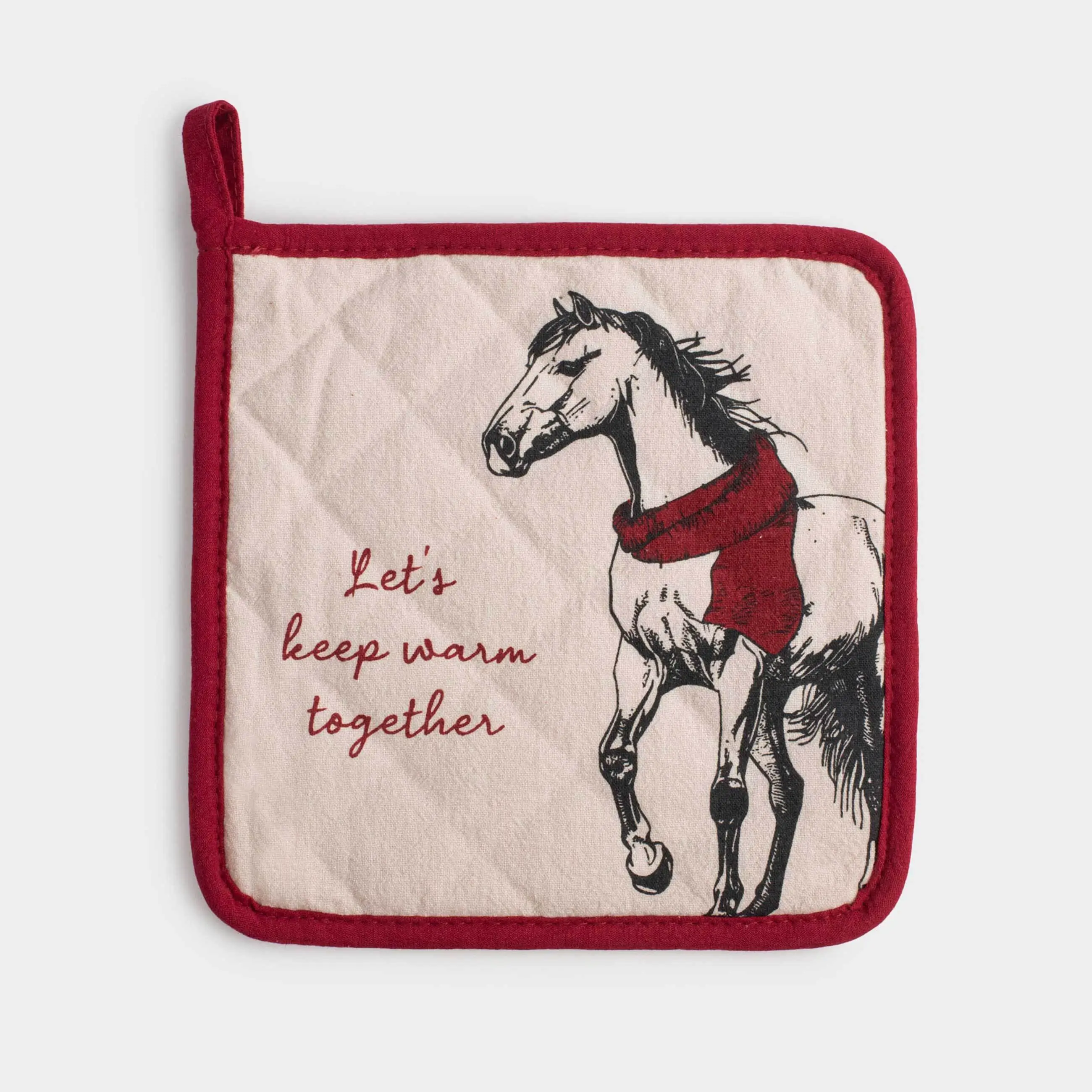 Прихватка, 20x20 см, хлопок, серо-бежевая, Лошадь, Horse in scarf