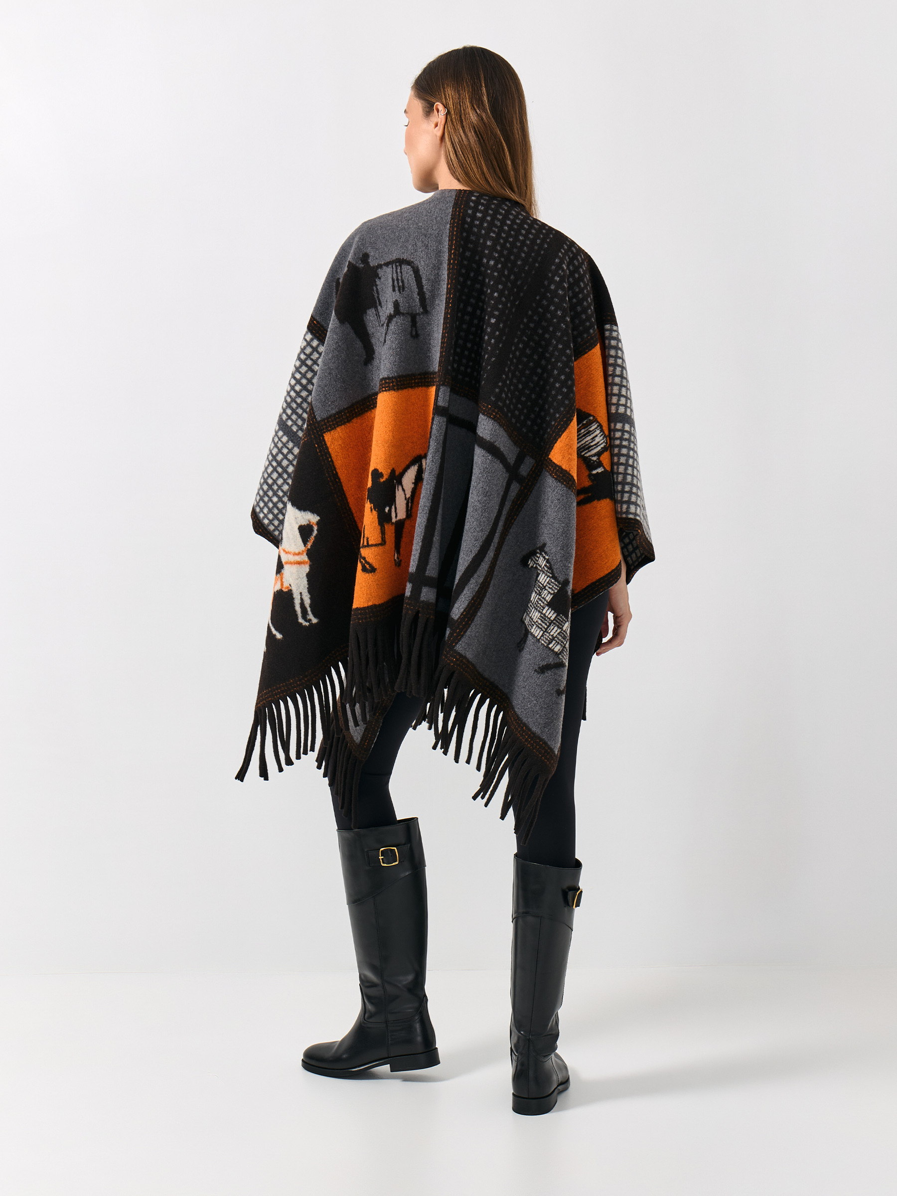 Пончо, 130х160 см, с бахромой, полиэстер, черно-оранжевое, Лошадь, Poncho, image-7
