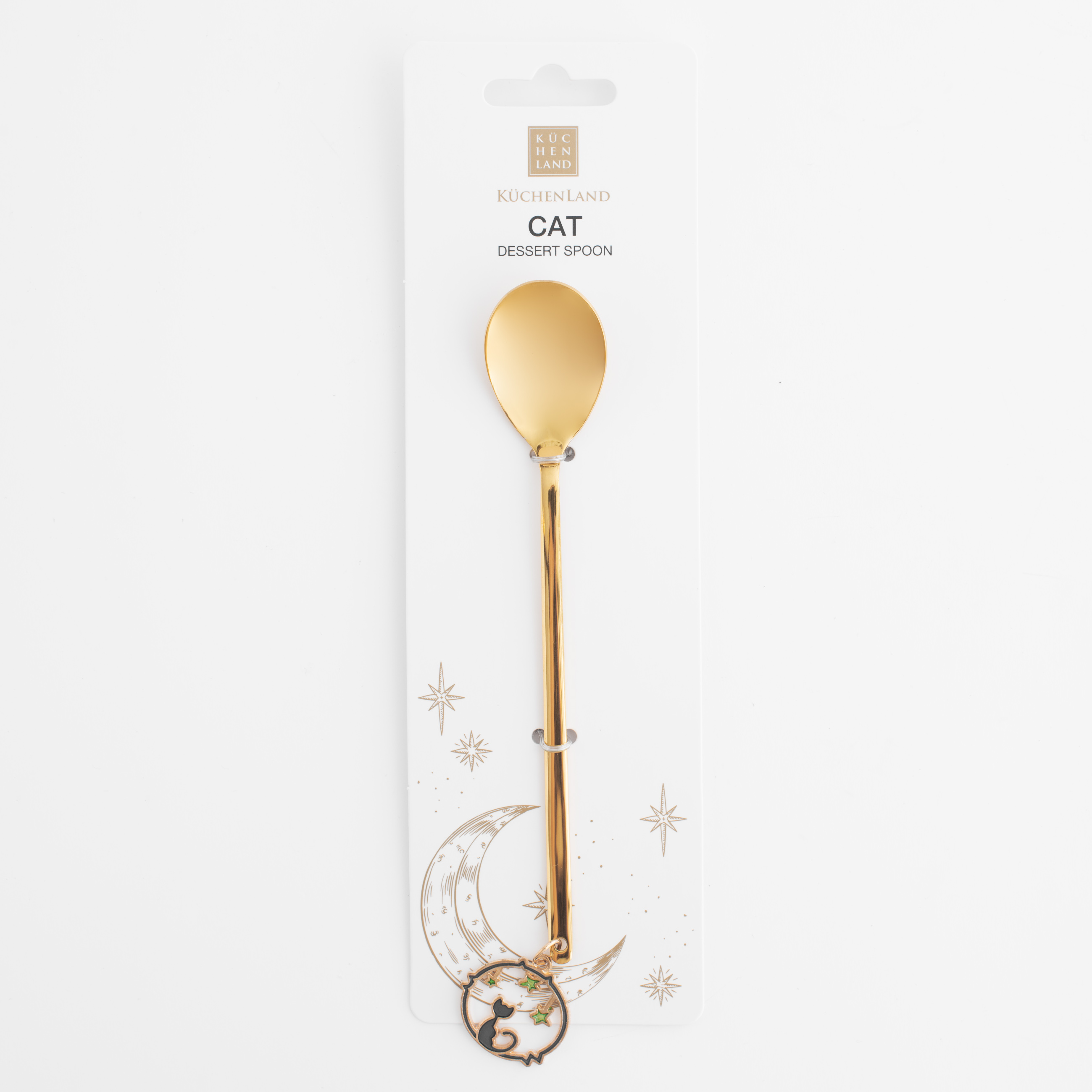 Ложка десертная, 14 см, сталь, золотистая, Кот и звезды, Cat изображение № 5