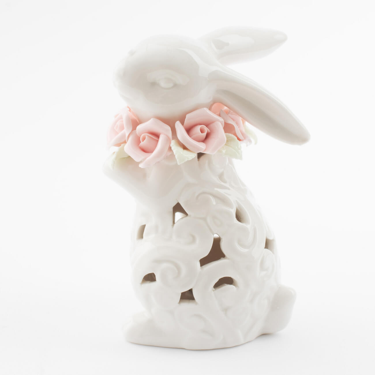 Статуэтка с подсветкой, 13 см, фарфор P, белая, Кролик с цветами, Easter
