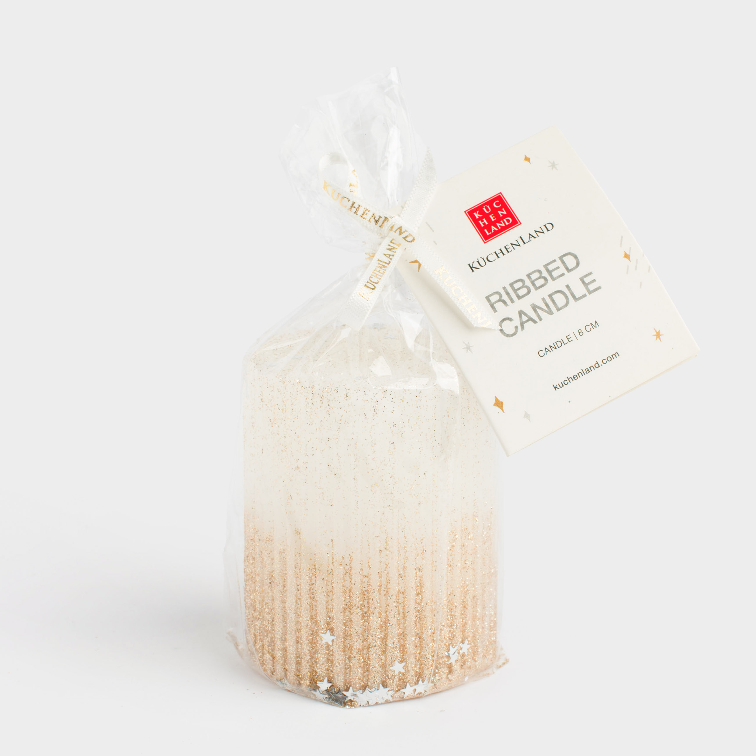Свеча, 8 см, цилиндрическая, с блестками, молочно-золотистая, Ribbed candle, image-4