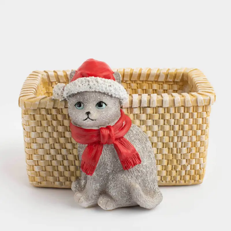 Конфетница, 18х13 см, полирезин, бежевая, Кот с корзиной, Christmas cat, image-0