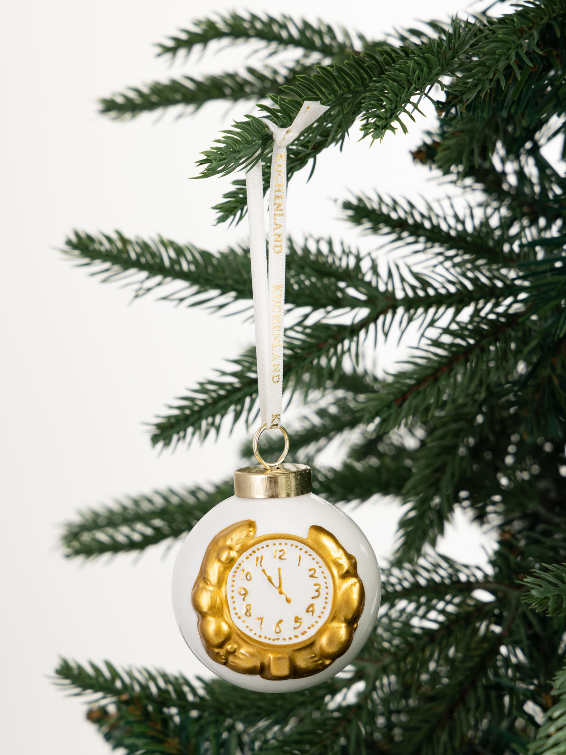 Игрушка елочная, 6 см, керамика, бело-золотистая, Шар, Часы, Ball christmas, image-3