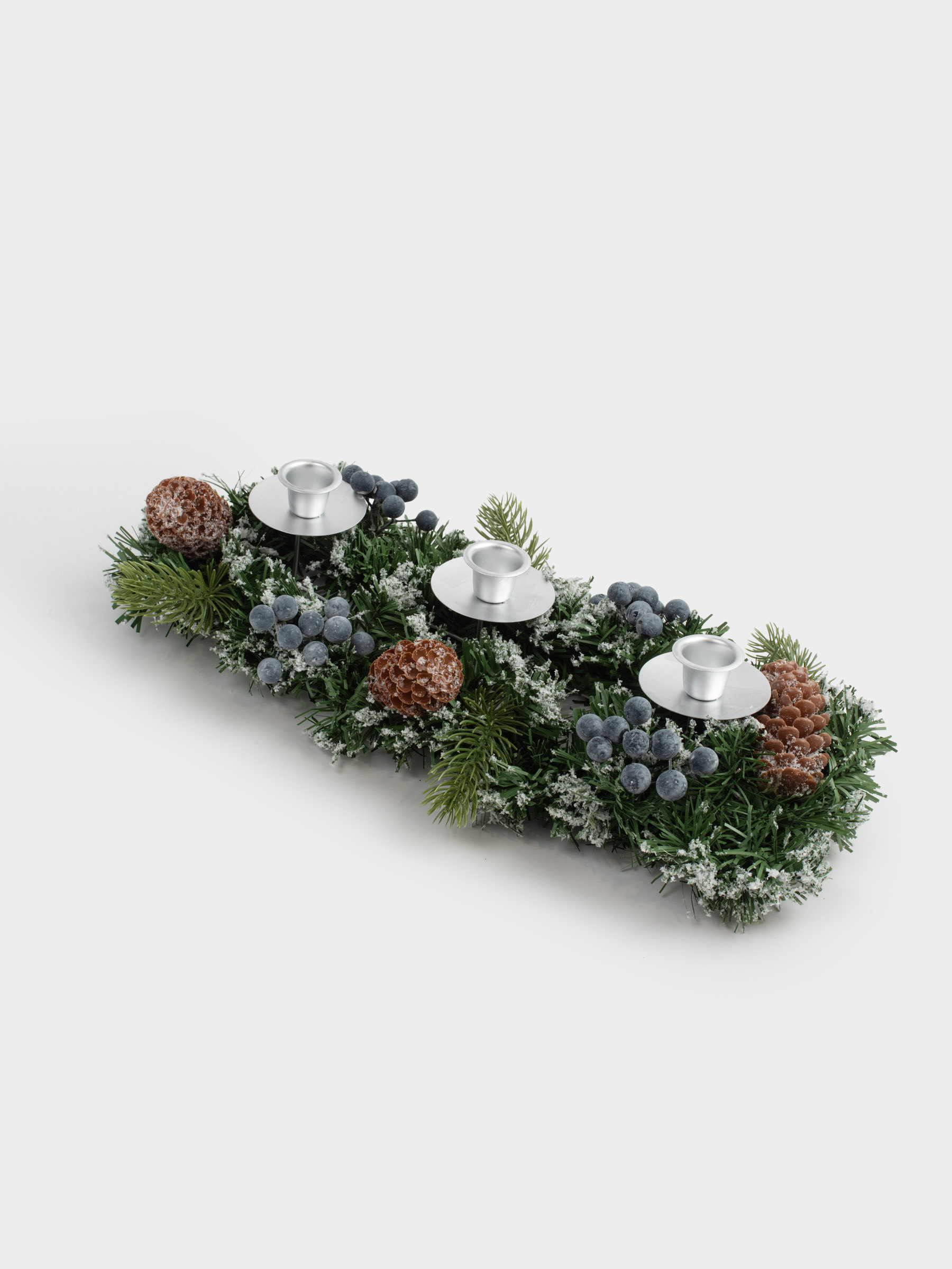 Подсвечник, 40 см, 3 тонкие свечи, ПВХ/металл, Синие ягоды и шишки, Snowy blue berry, image-1