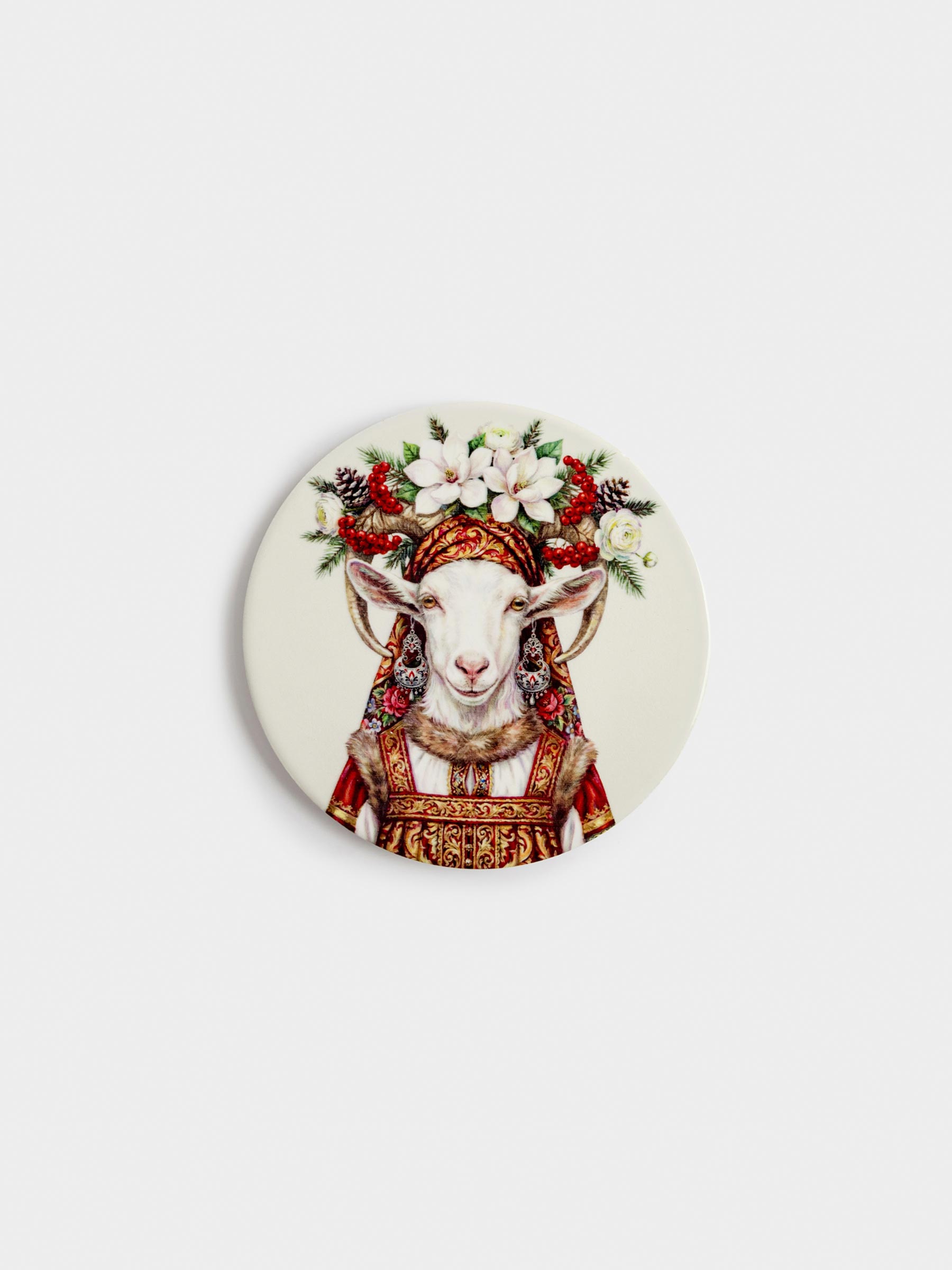 Подставка под кружку, Коза в венке, Goat in flowers
