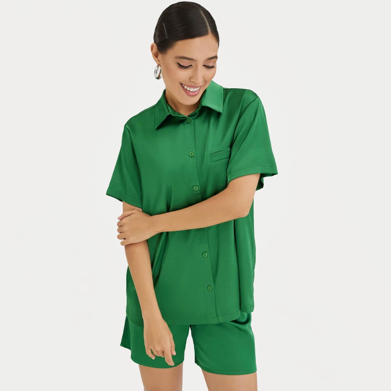 Рубашка женская, р. XL, с коротким рукавом, полиэстер/эластан, зеленая, Madeline рубашка женская домашняя р m с коротким рукавом полиэстер эластан серая ирисы mary