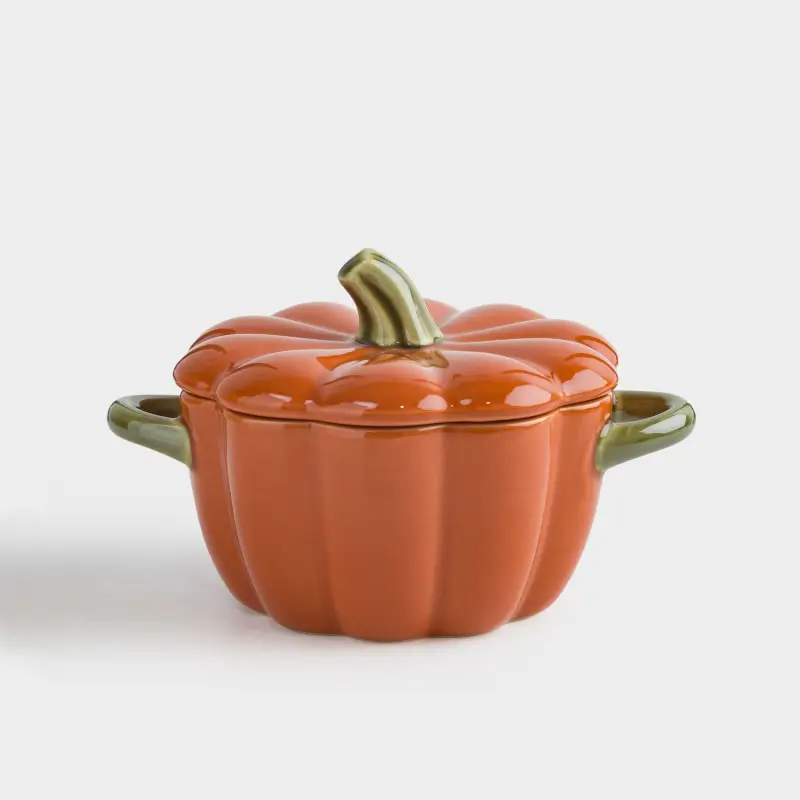 Кокотница, 11 см, 340 мл, с крышкой, керамика, оранжево-зеленая, Тыква, Gourd