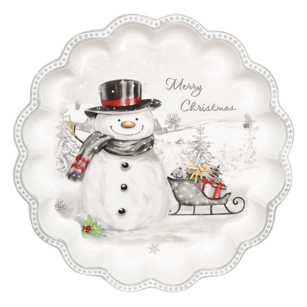 

Блюдо, 31х4 см, керамика, белое, Снеговик в шляпе, Friendly snowman