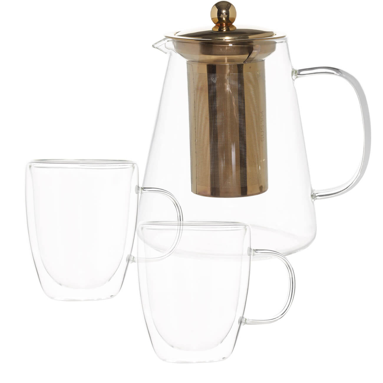 Набор чайный, 2 перс, 3 пр, стекло Б/сталь, золотистый, Air изображение № 1