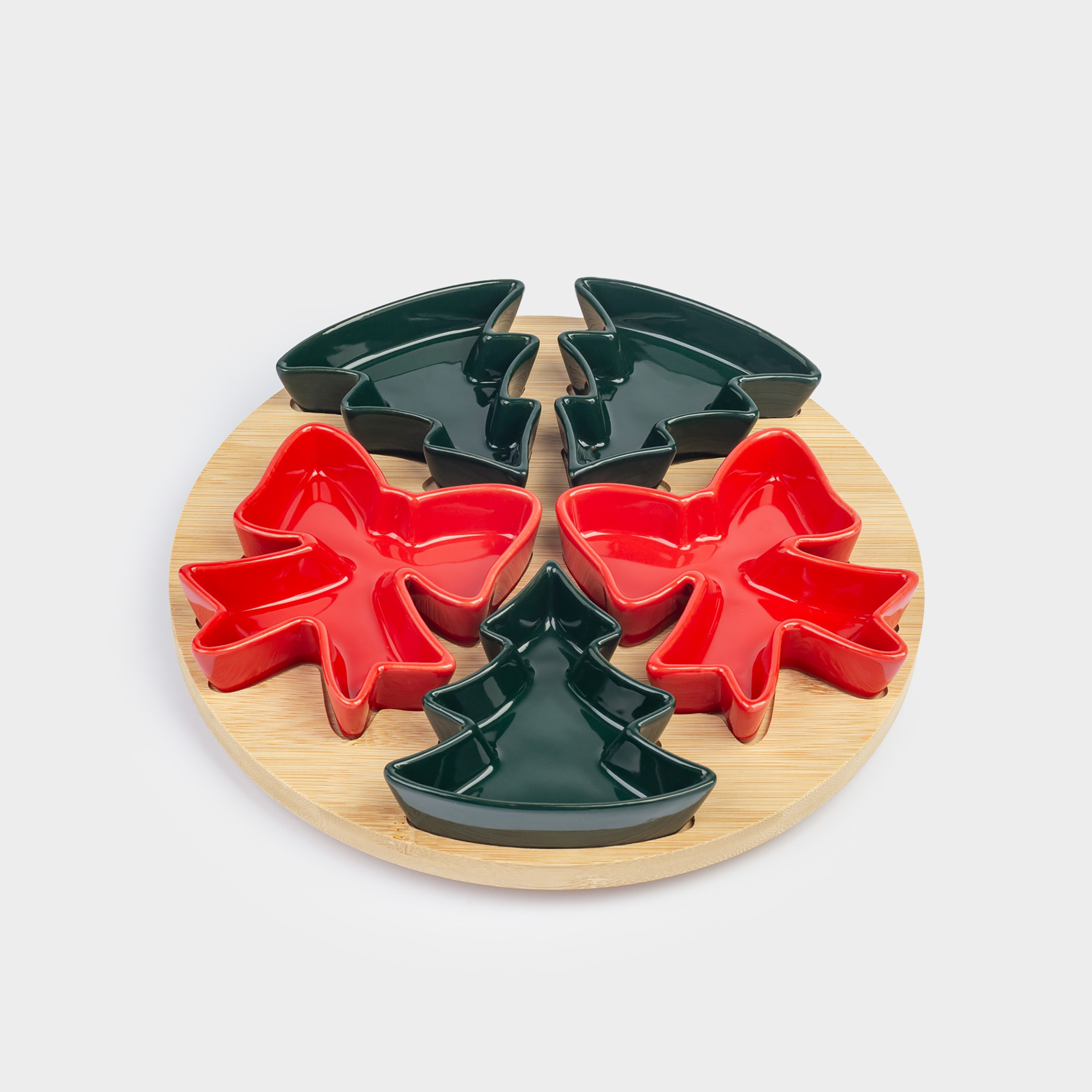 Набор для закусок, 5 пр, вращающийся, на подставке, керамика/бамбук, Ели и банты, Bamboo